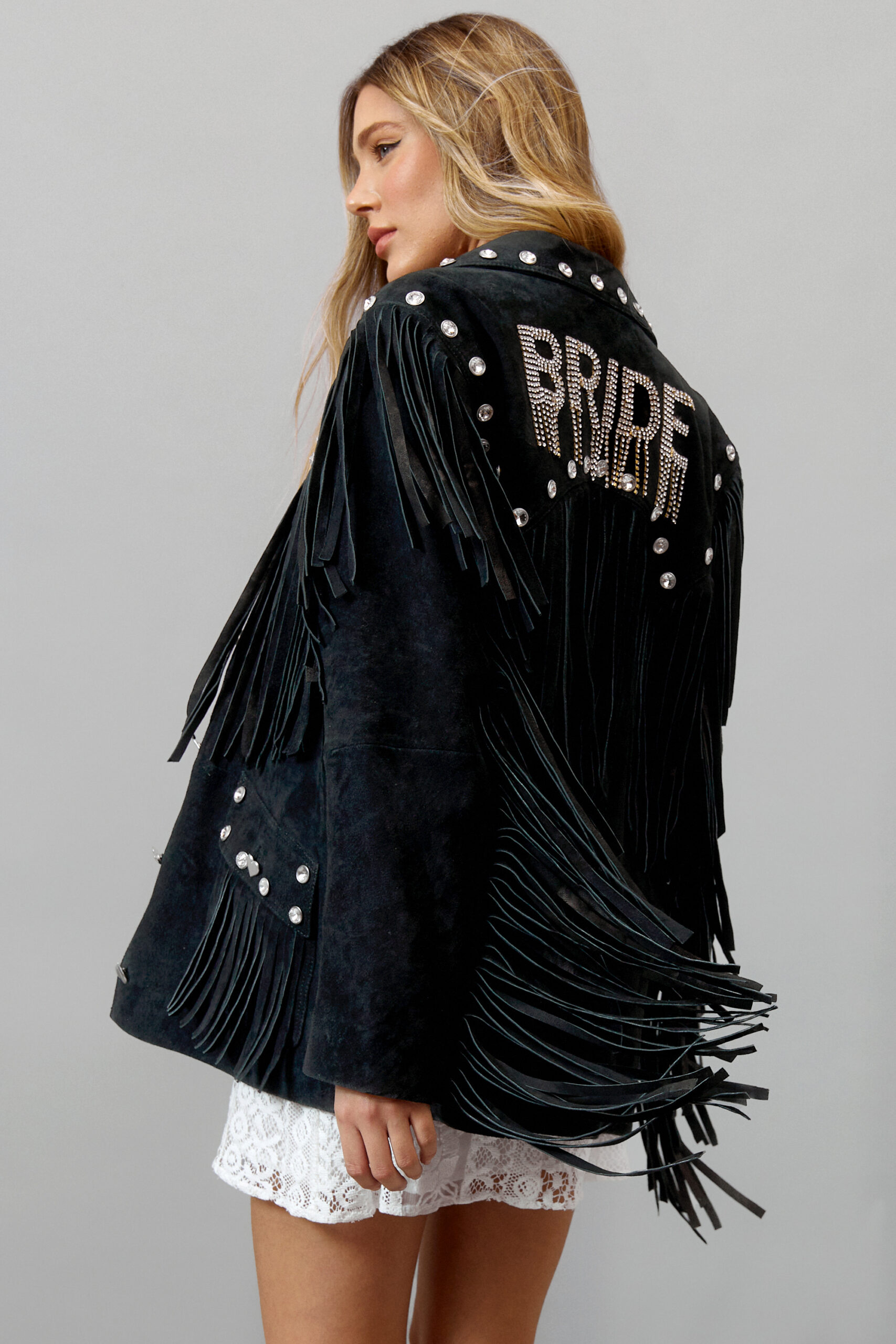 Real Suede Bridal Embellished Fringe Jacket