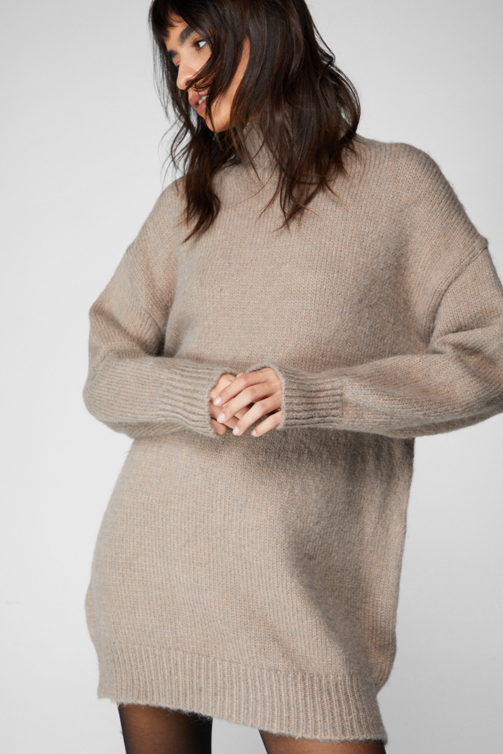 Brushed Knit Oversized Turtleneck Sweater Dress