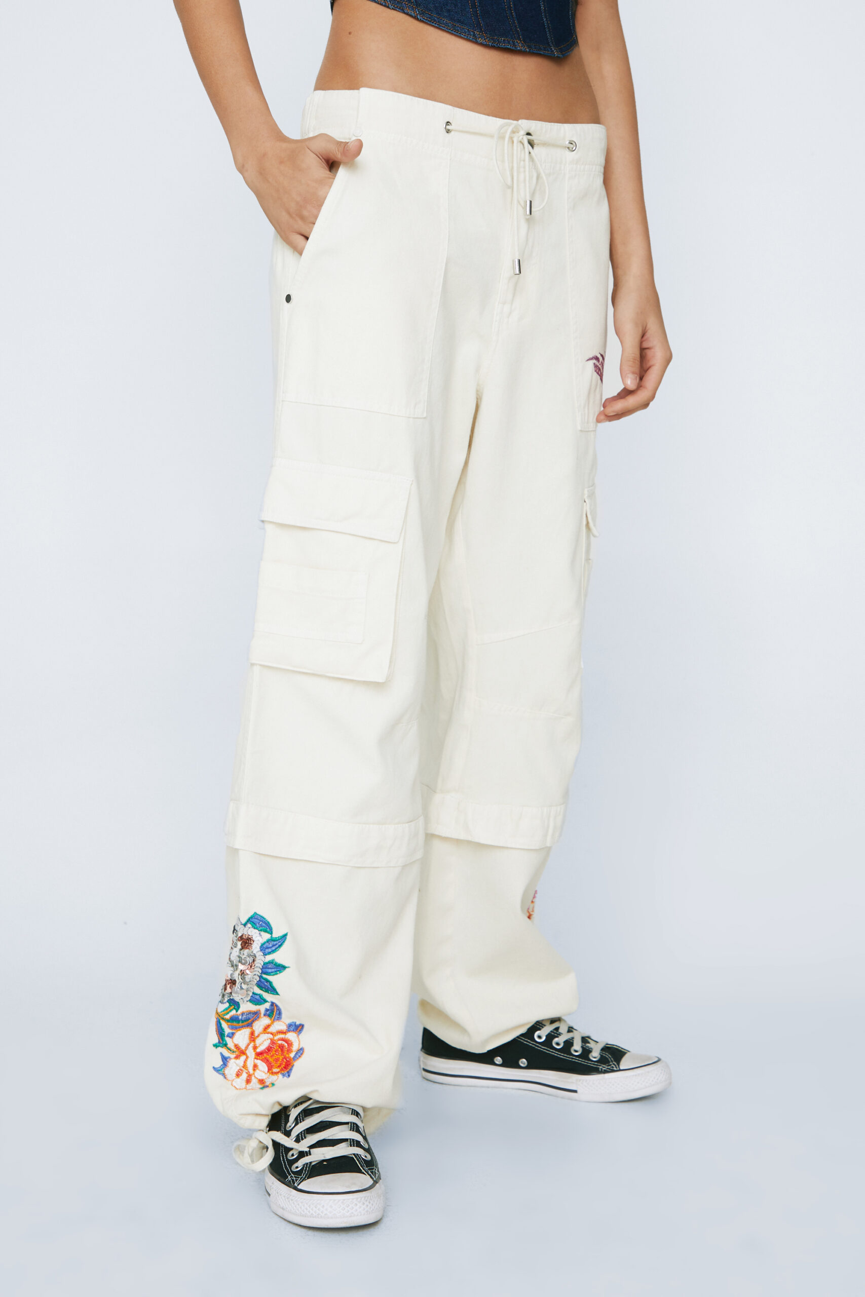 Embroidered Beaded Pocket Cargo Pants