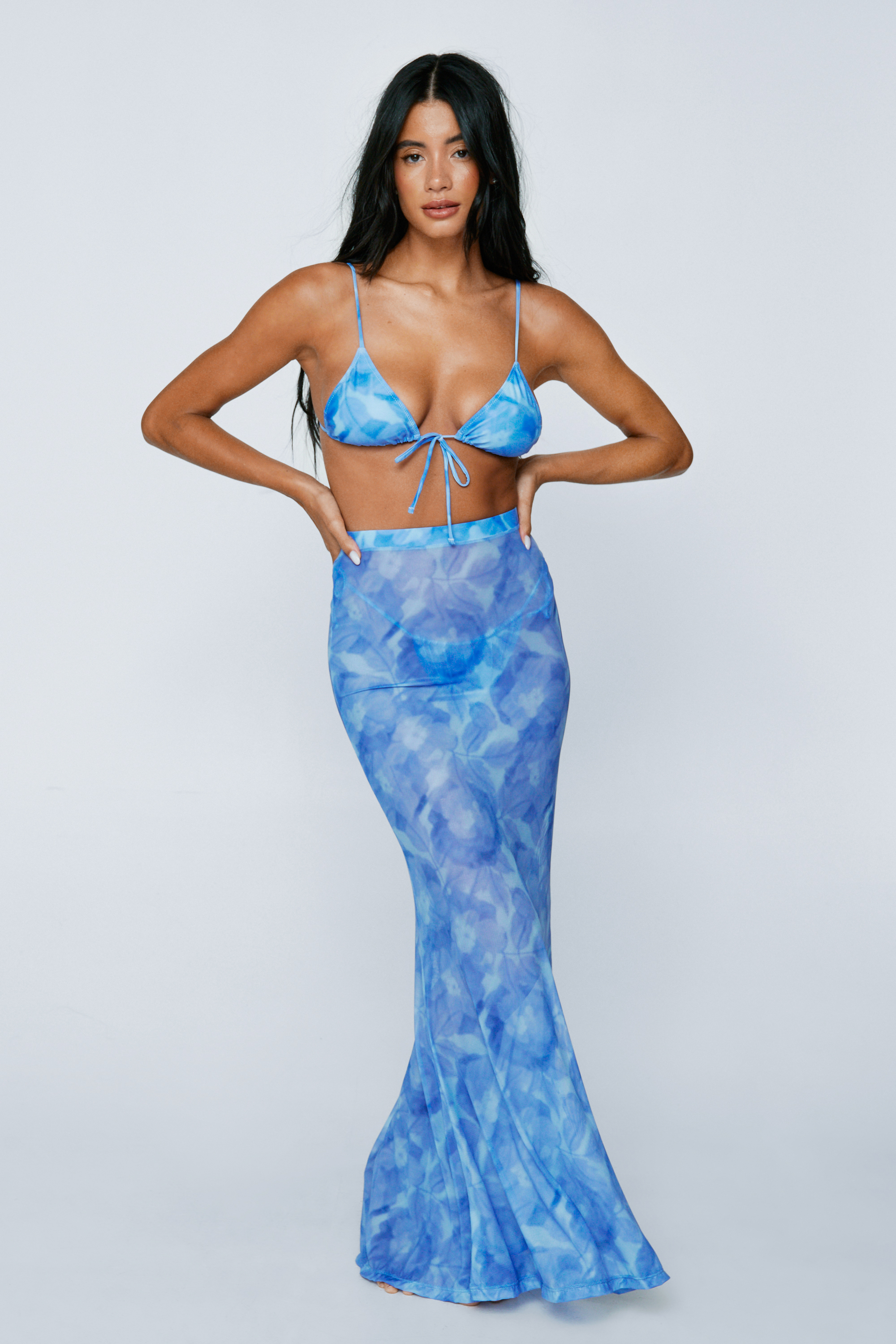 Blurred Floral Triangle Bikini And Mesh Maxi Skirt 3pc Set