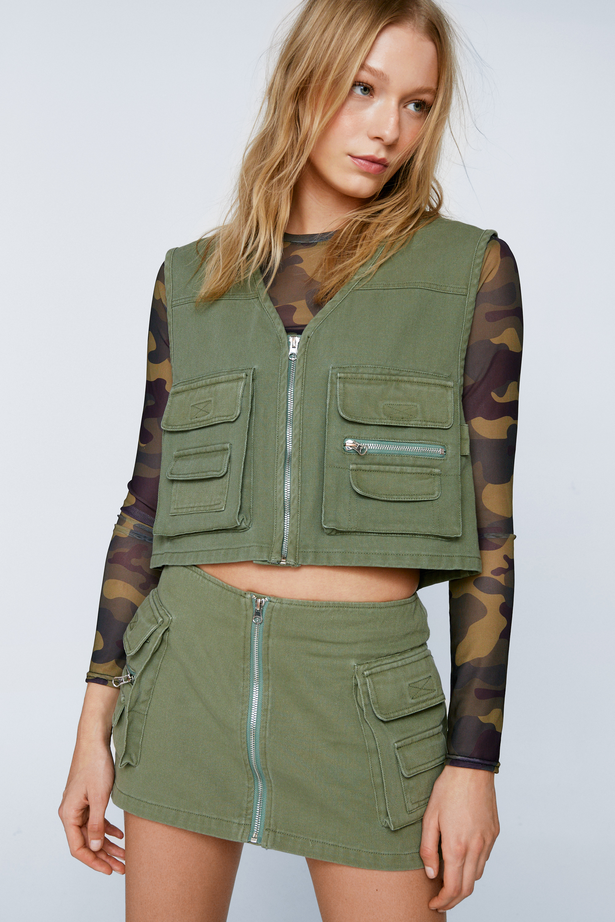 Zip Through Cropped Utility Puffer Vest