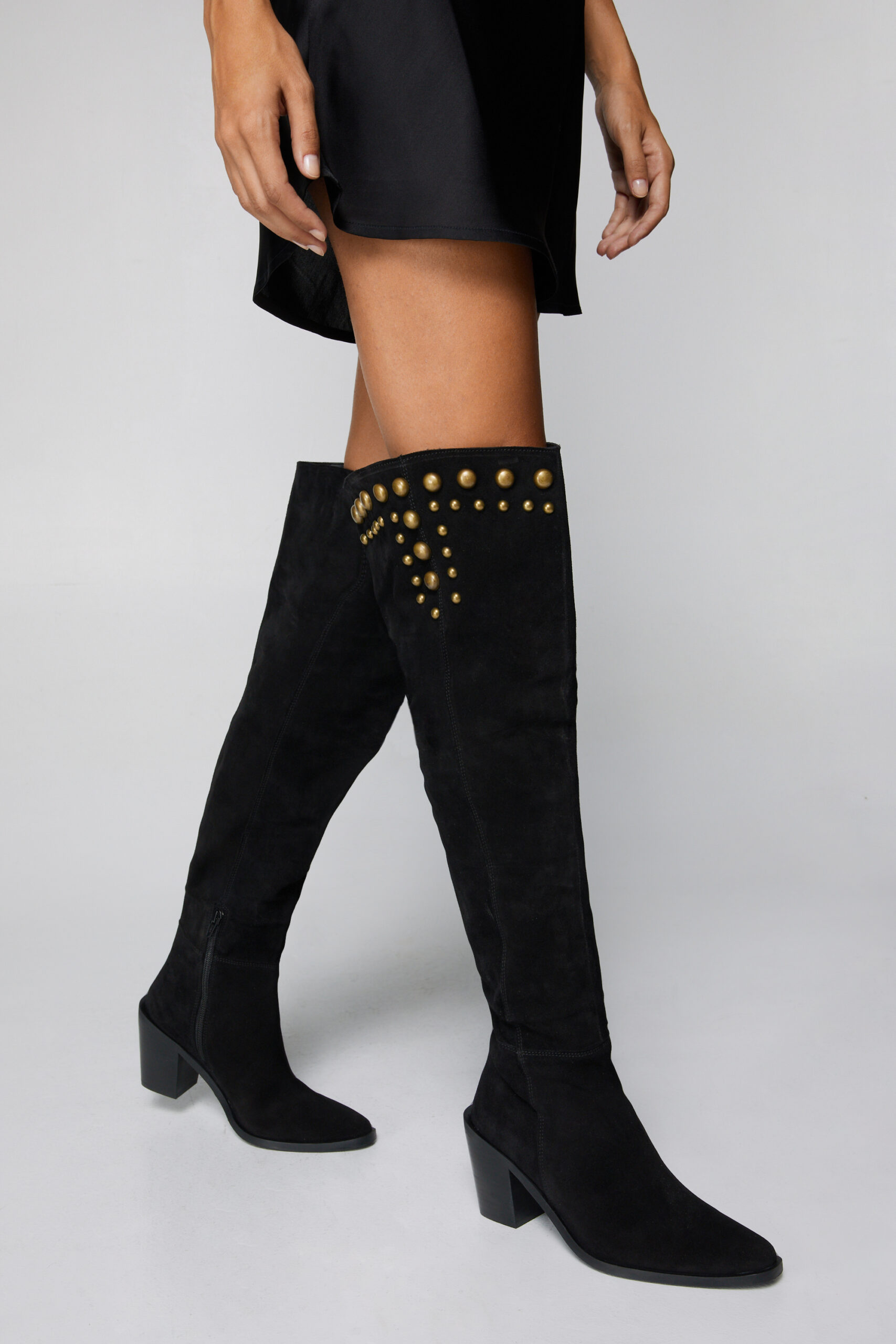 Real Suede Slouchy Studded Thigh High Boots