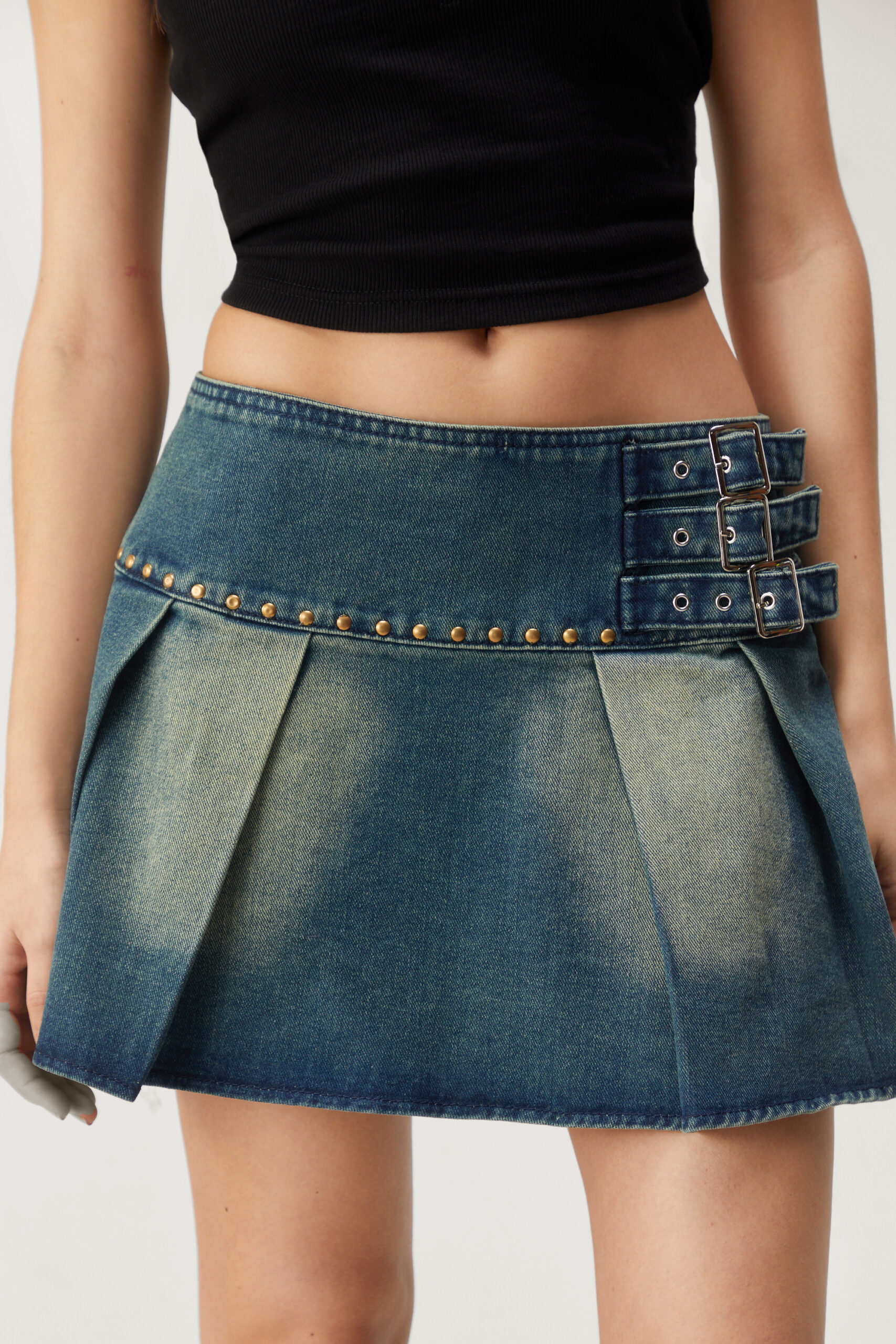 Denim Pleated Buckle Mini Skirt