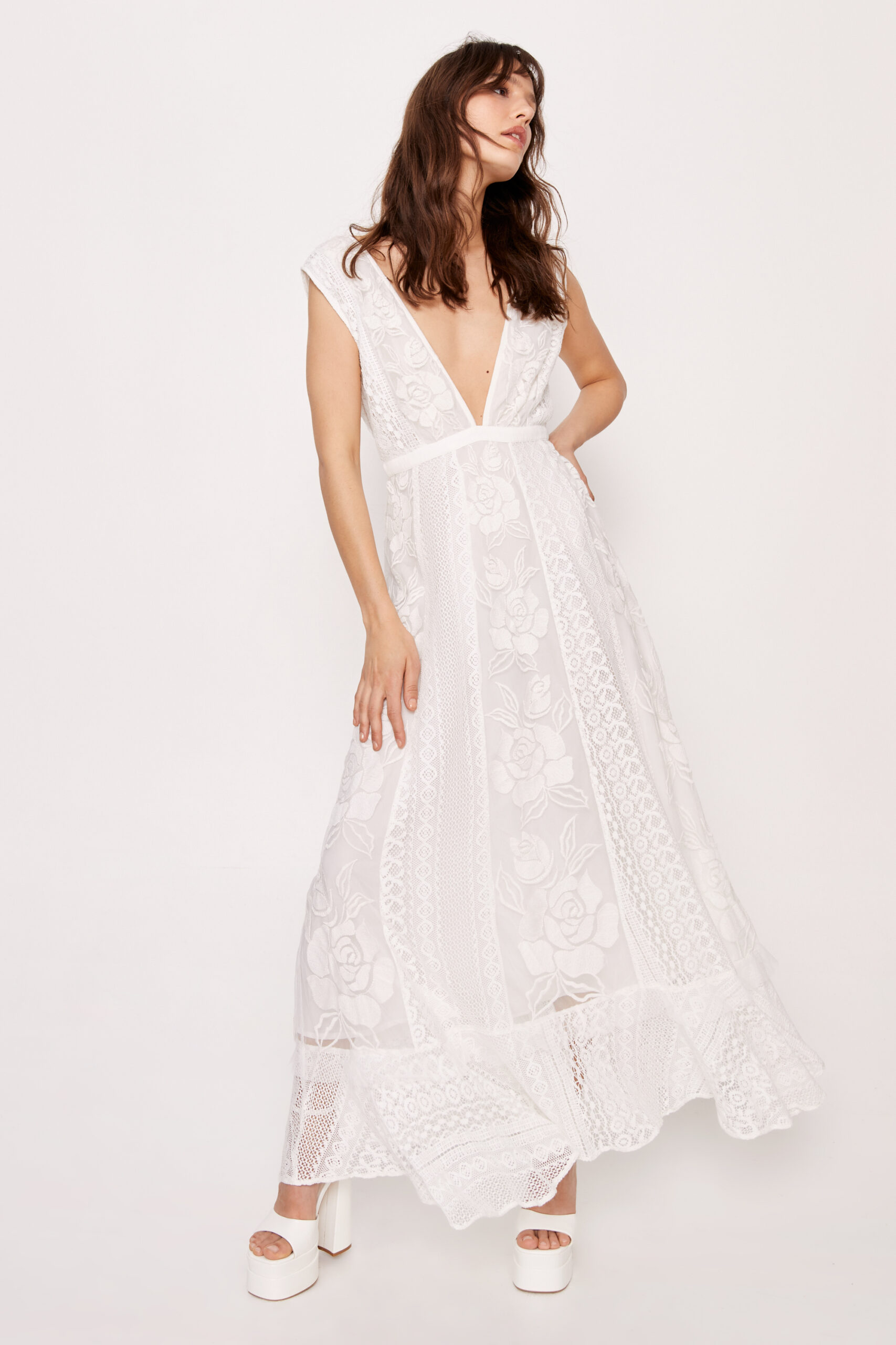 Bridal Embroidery Lace Plunge Maxi Dress
