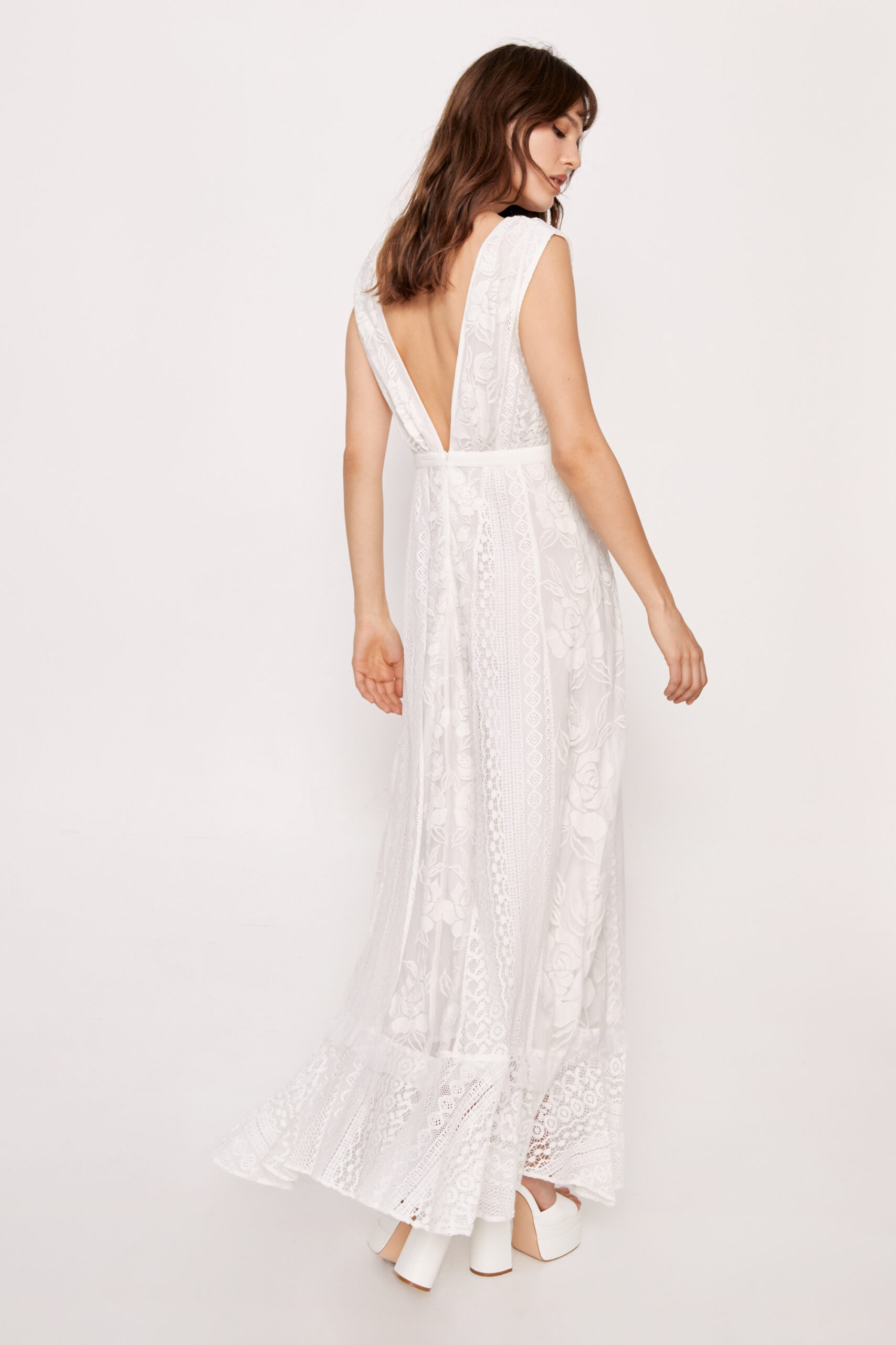 Bridal Embroidery Lace Plunge Maxi Dress