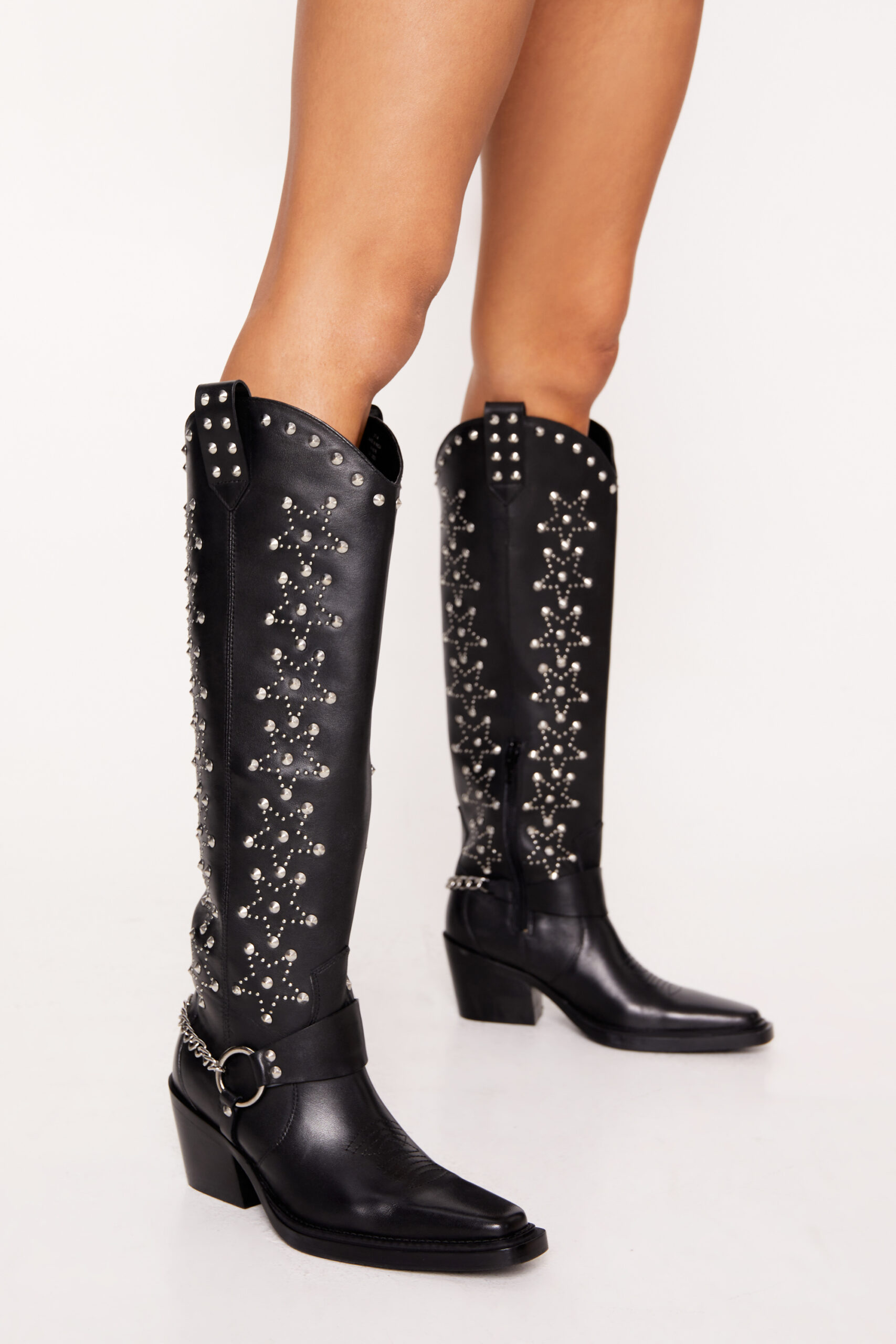 Leather Star Studded Knee High Cowboy Boot