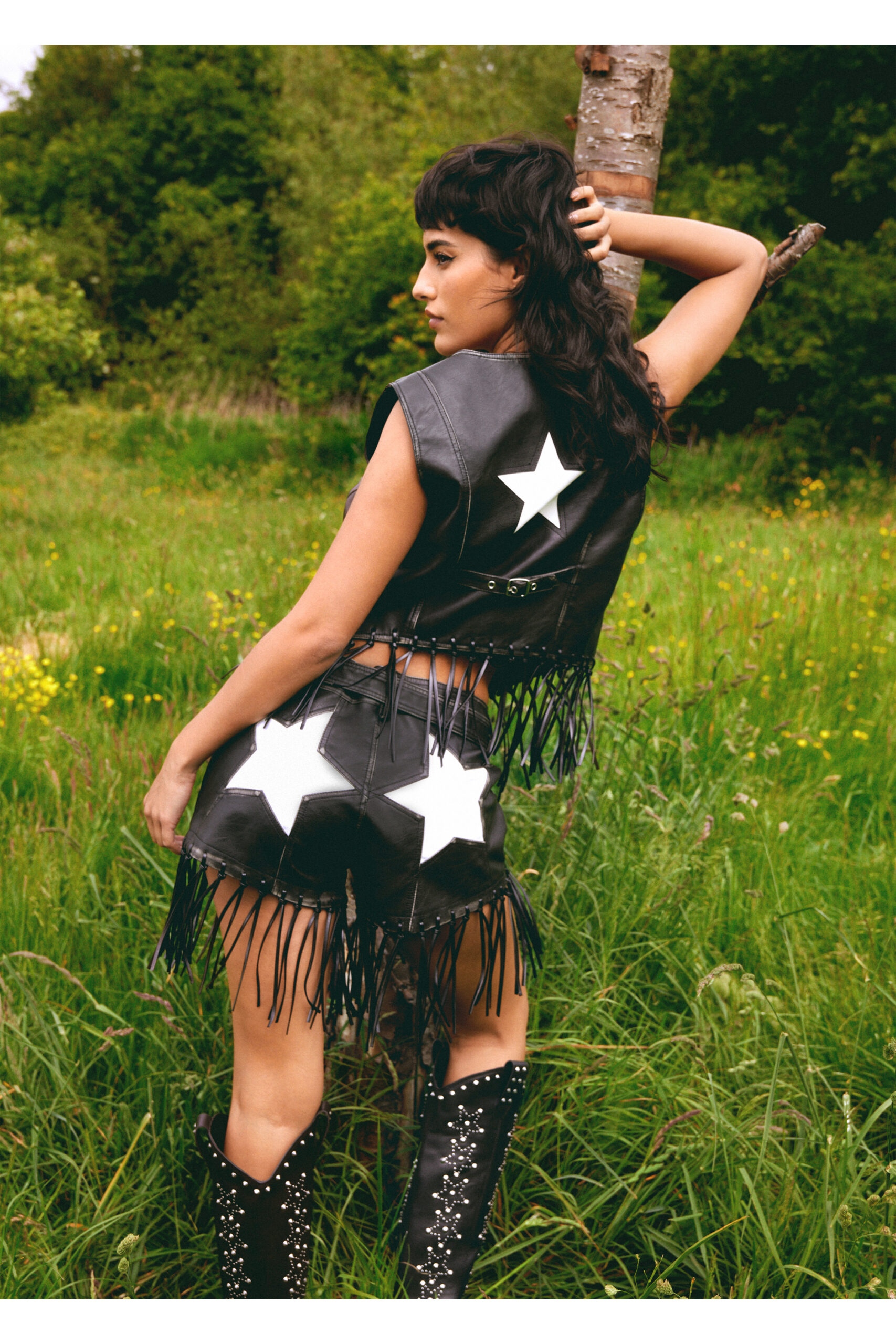 Faux Leather Star Fringed Vest