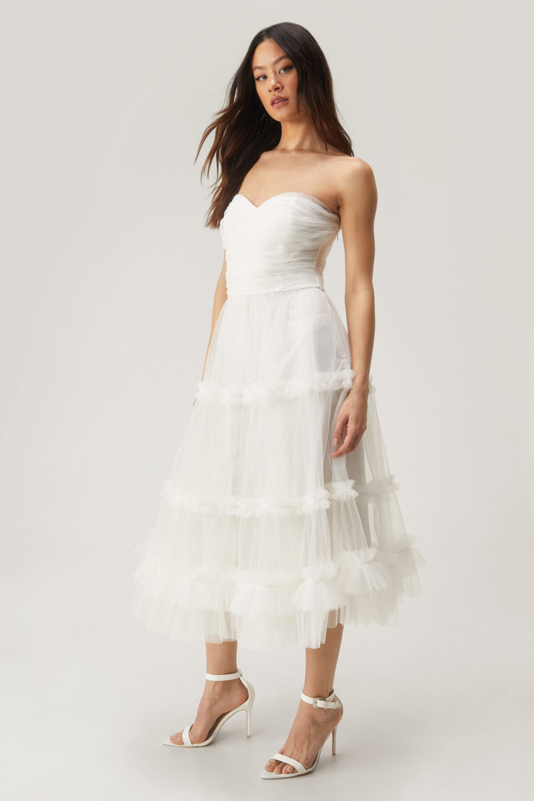 Tulle Tiered Strapless Midi Dress