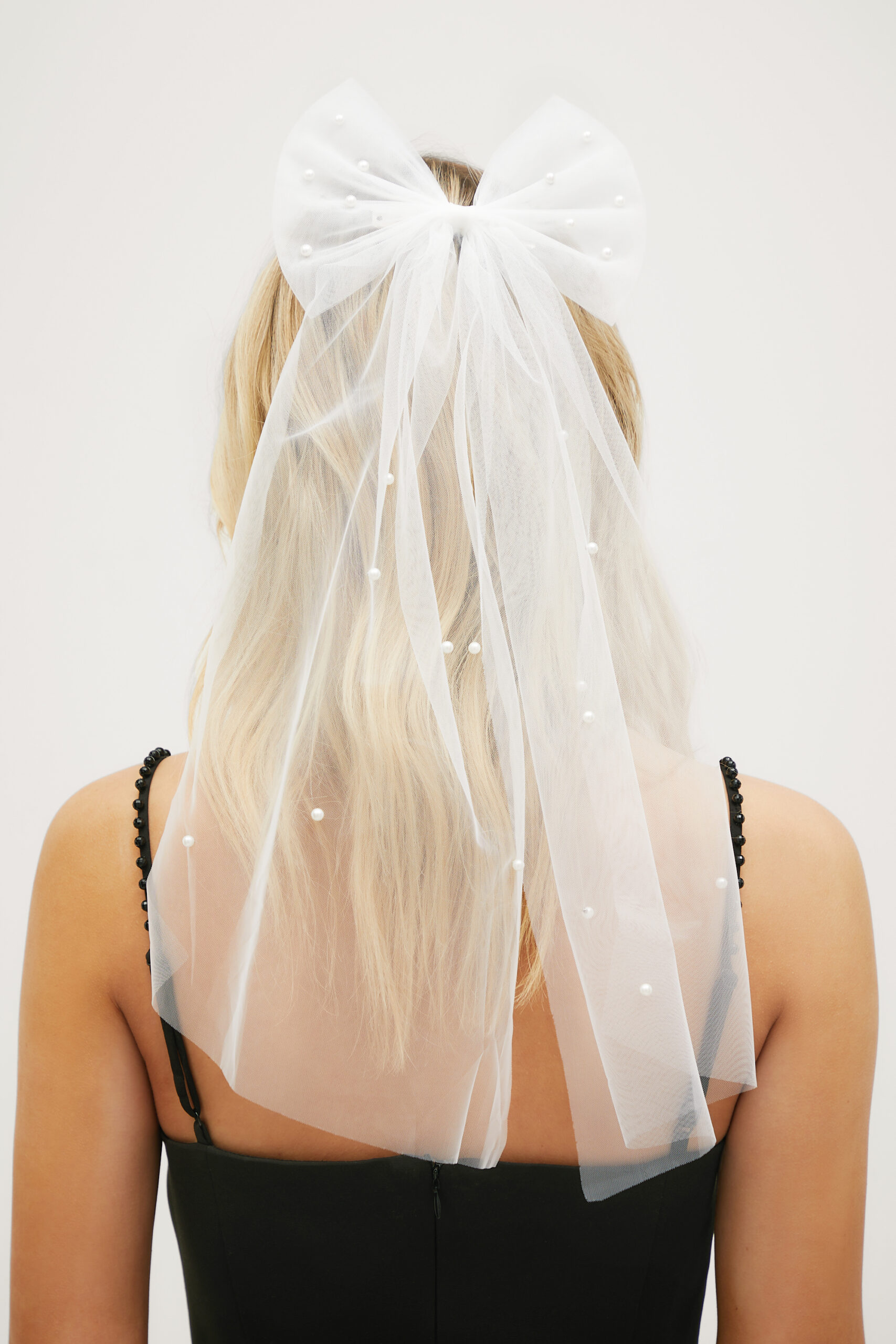 Embellished Pearl Bow Mesh Veil Hair Clip