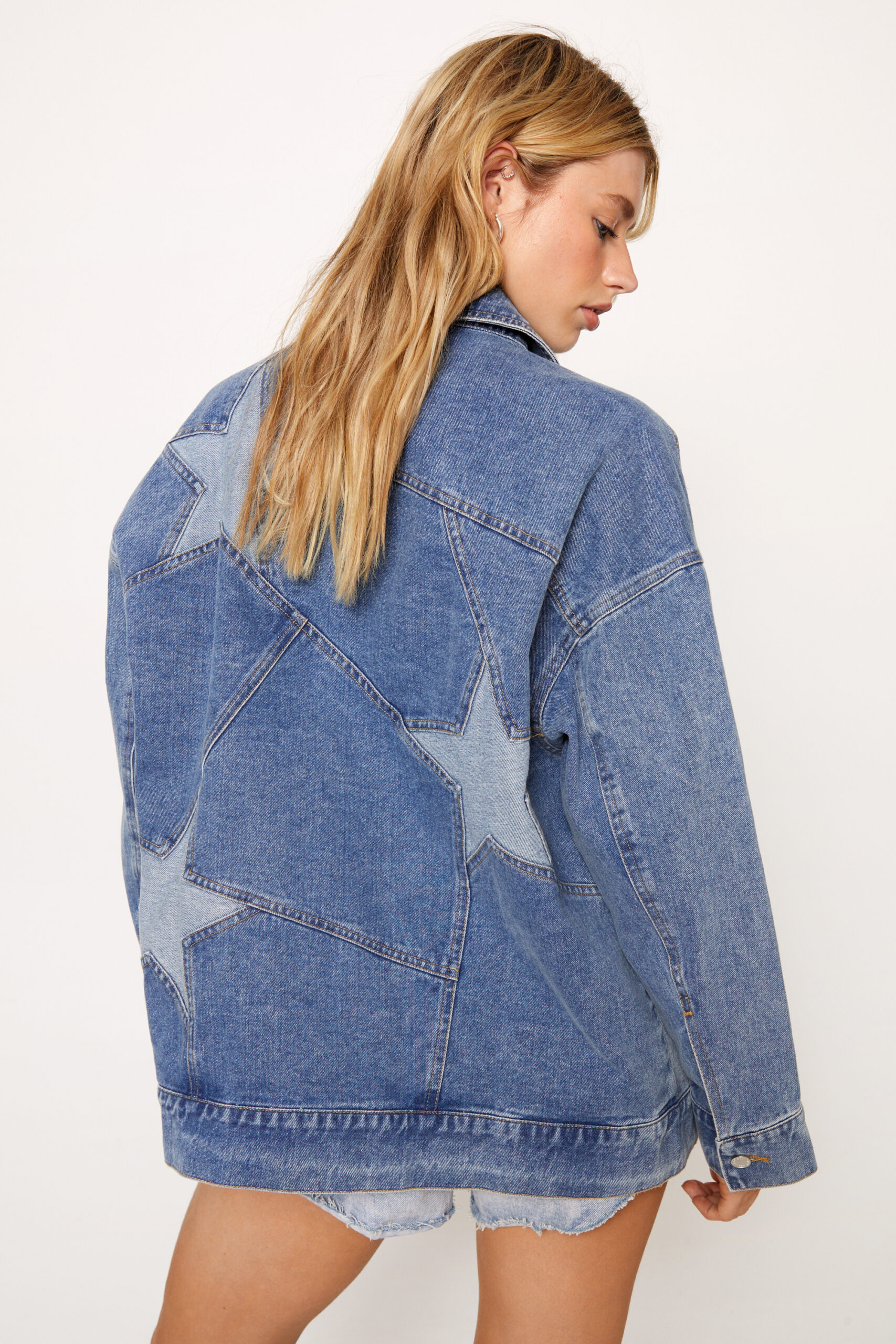 Color Block Star Detail Oversized Denim Jacket