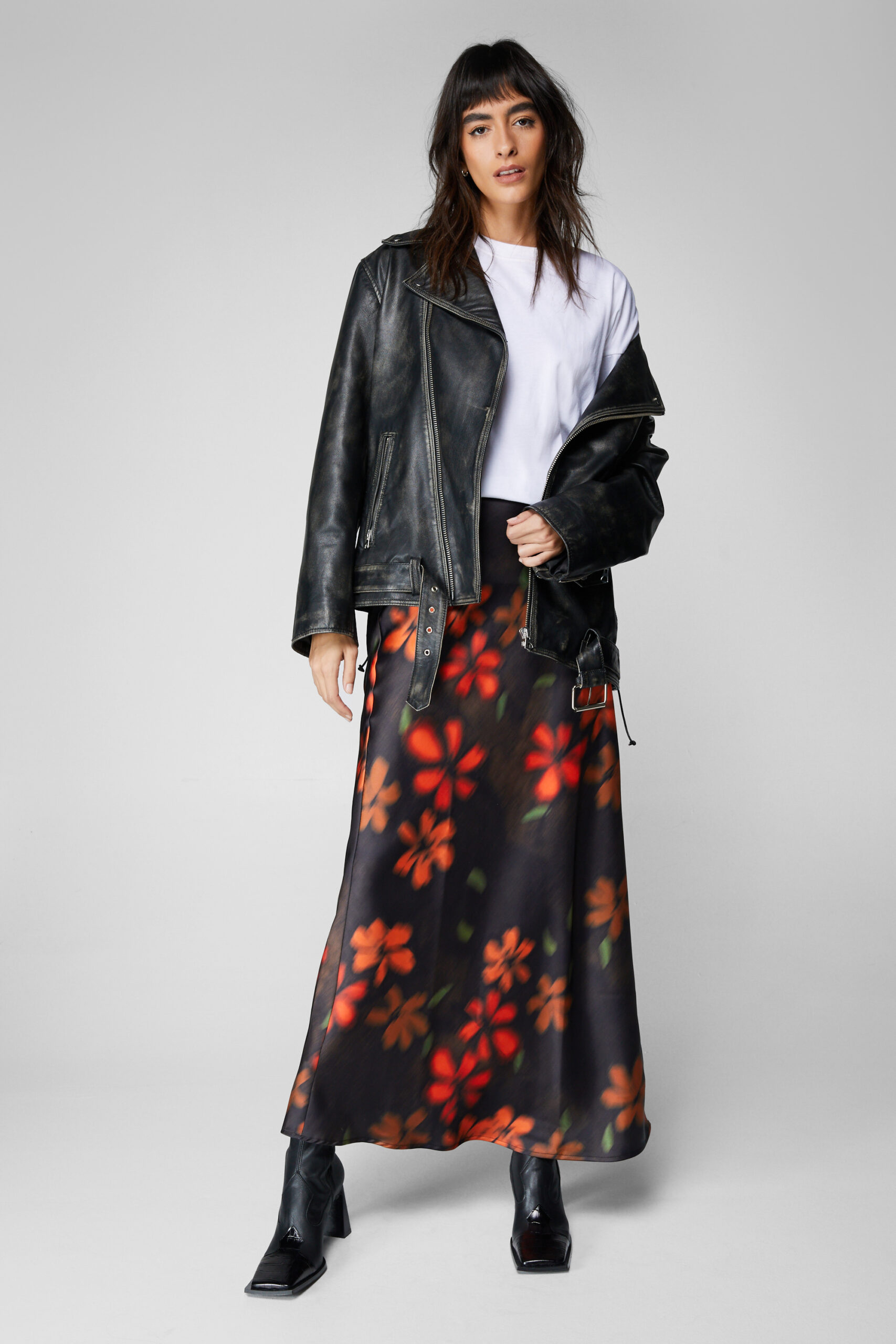 Blurred Floral Satin Bias Maxi Skirt