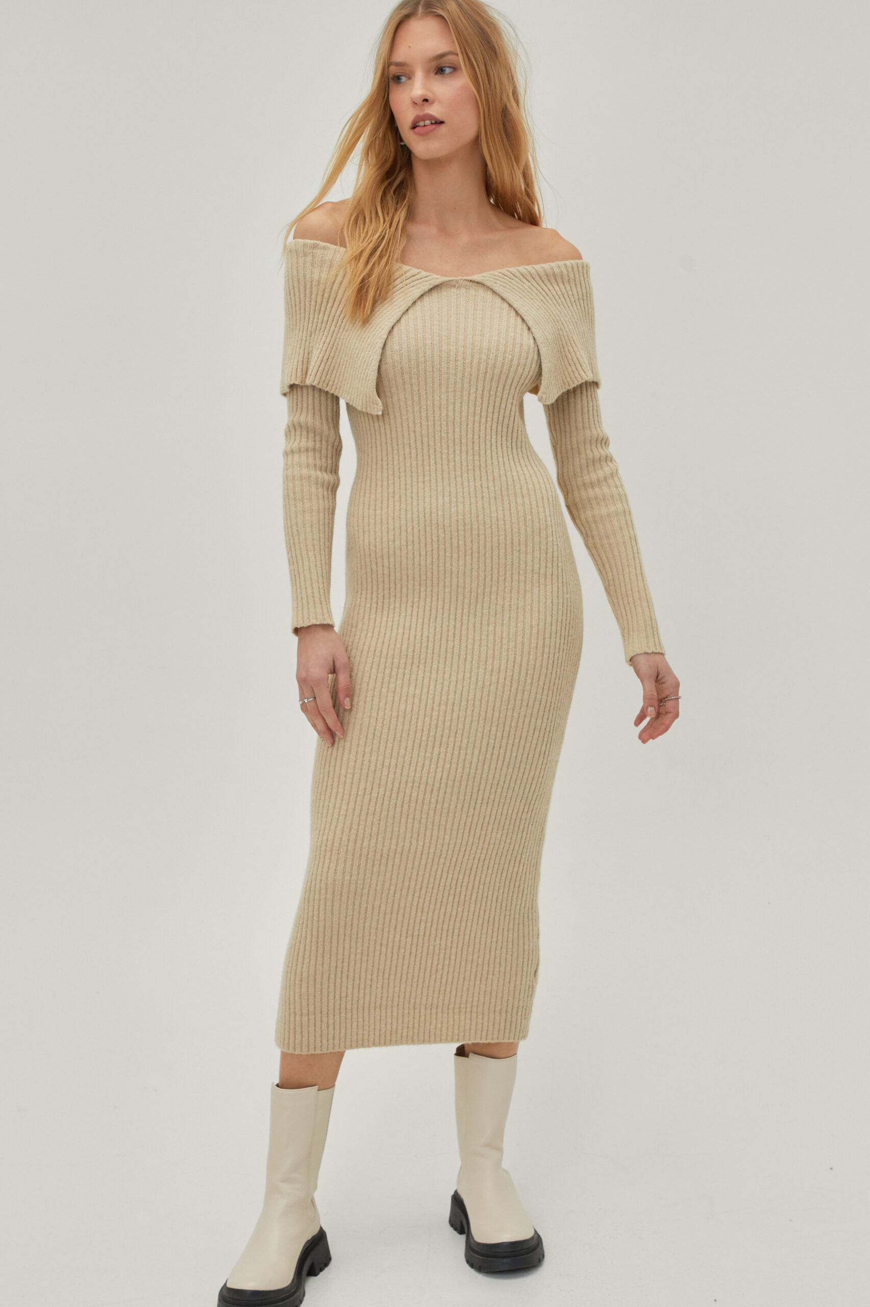 Bardot Fold Over Ribbed Knitted Midi Dress