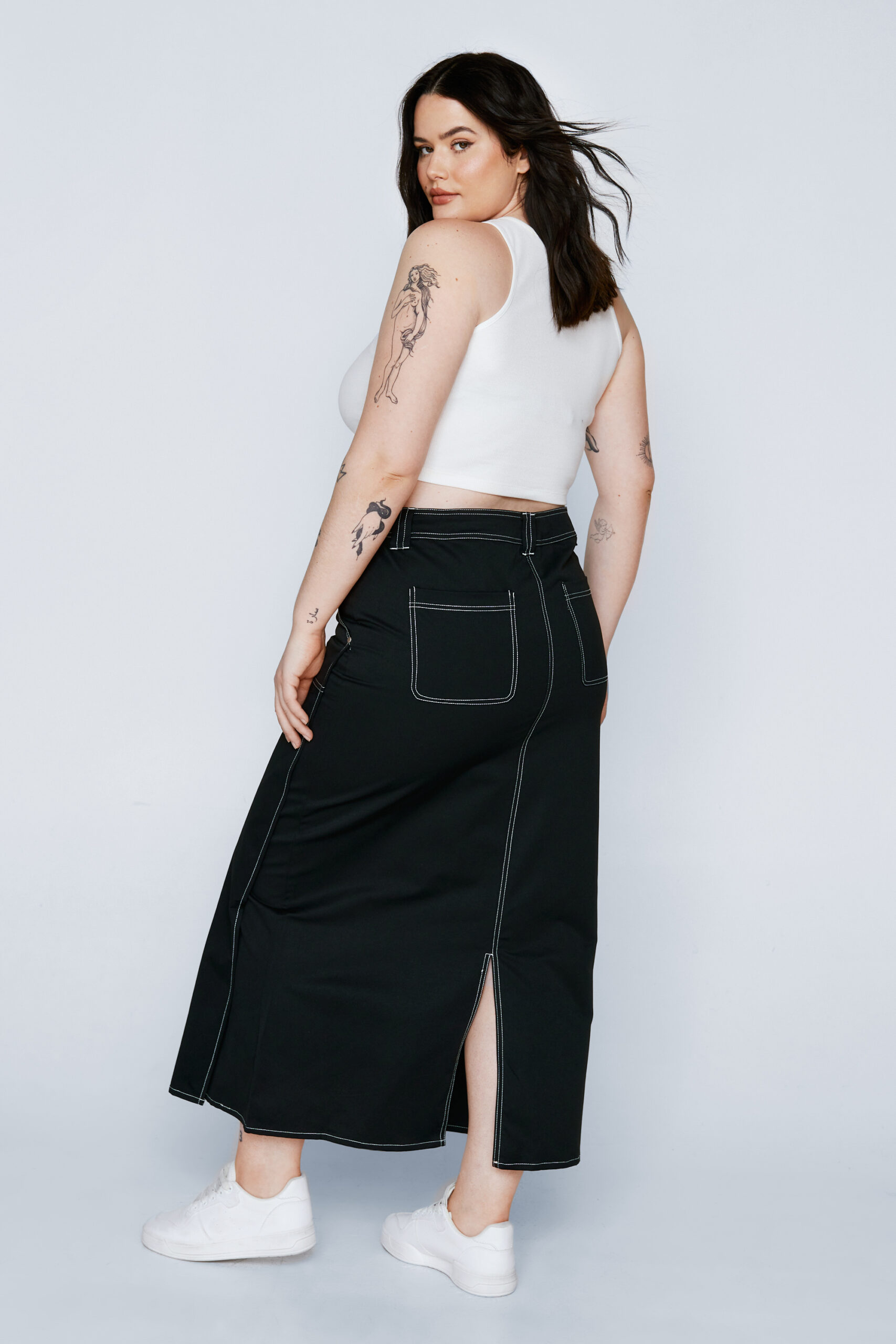 Plus Size Exposed Stitch Twill Low Rise Maxi Skirt