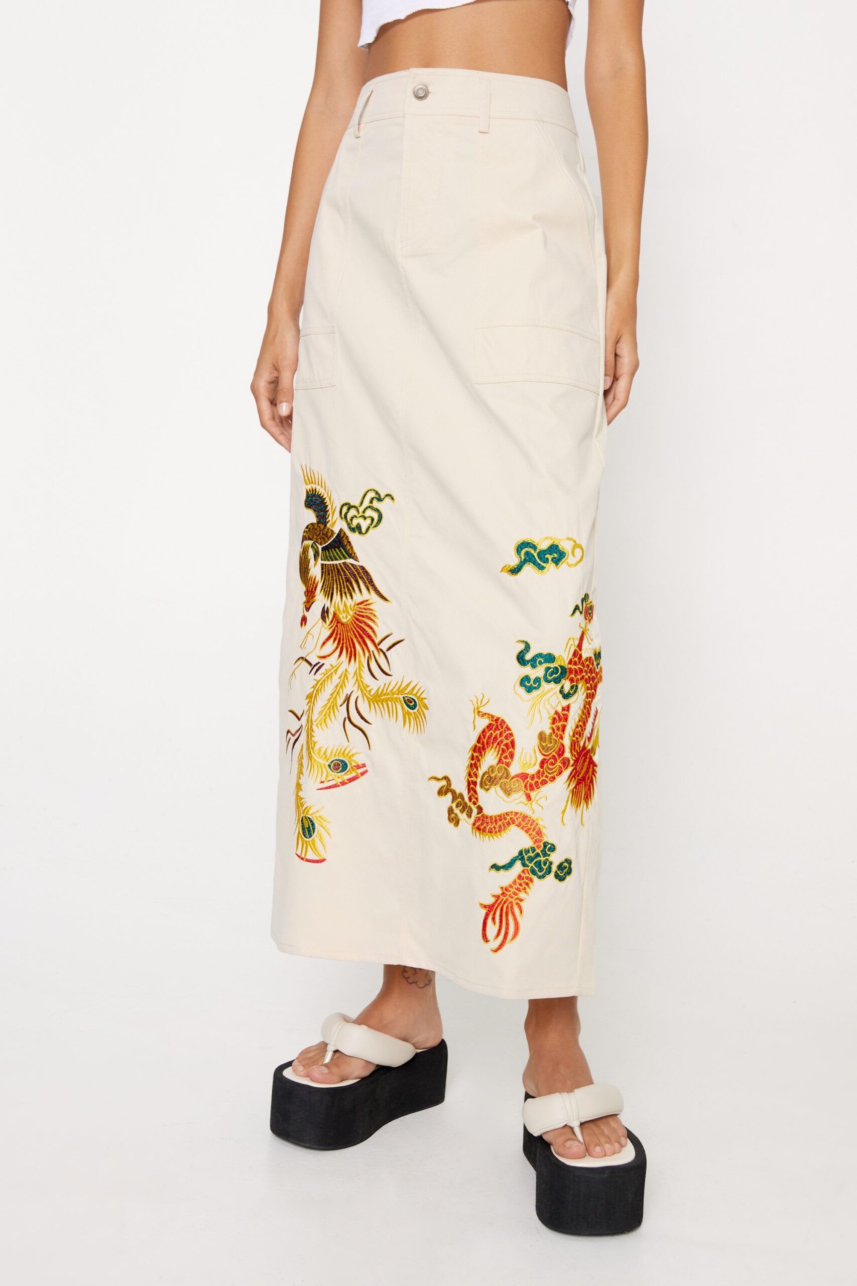 Embroidered Twill Maxi Skirt