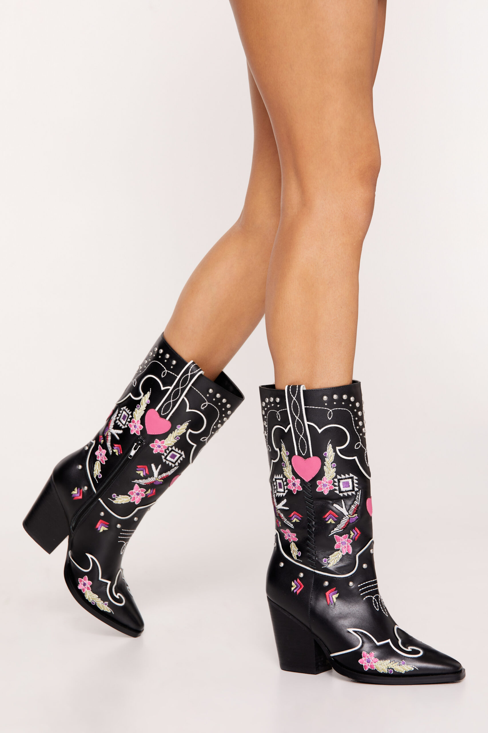 Leather Floral Embroidery & Heart Detail Cowboy Boot