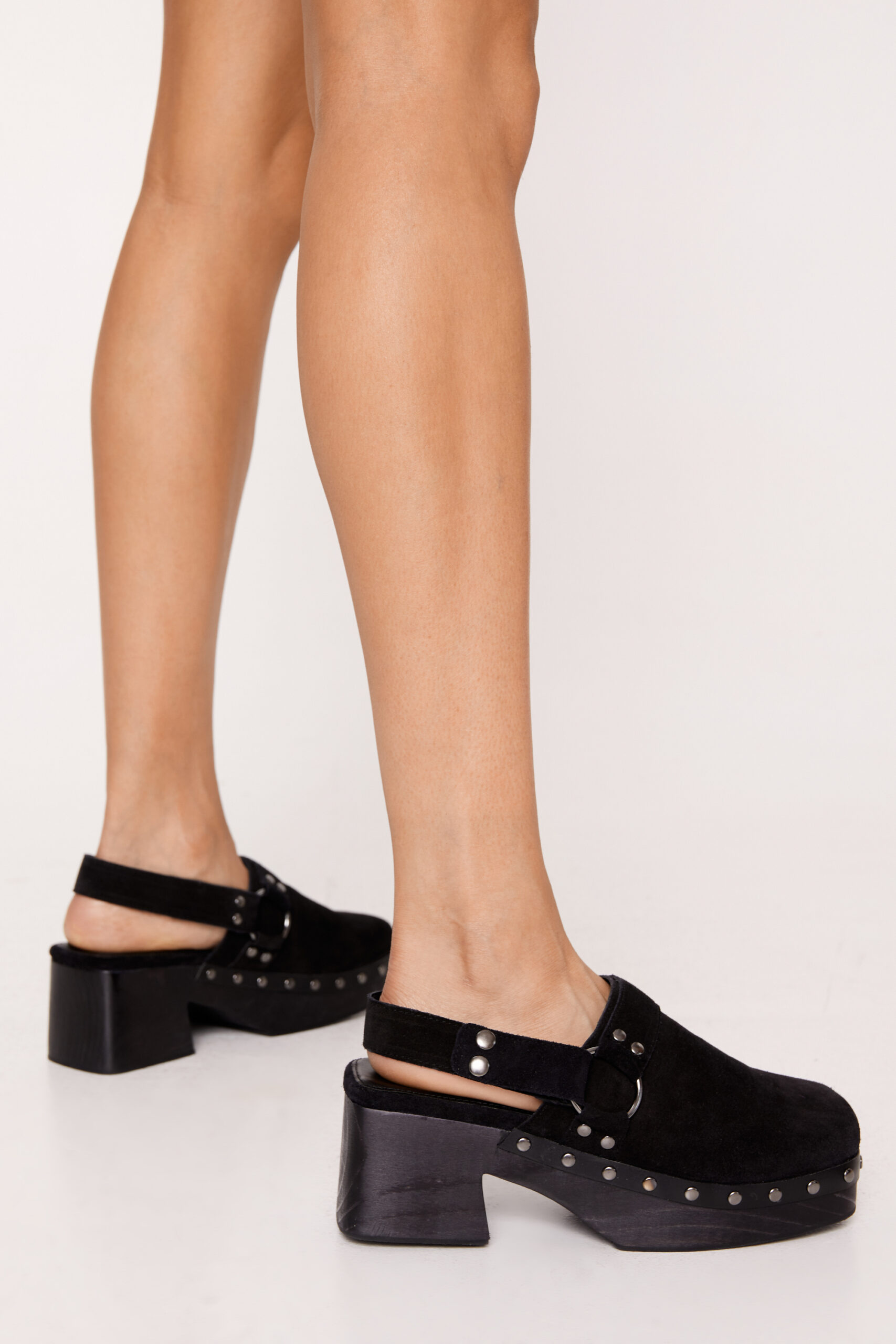 Real Suede Studded Square Toe Sling Back Clogs