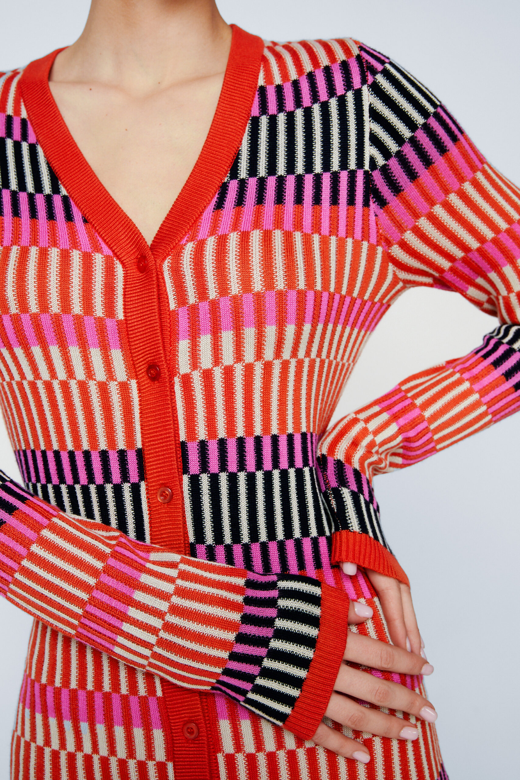 Petite Contrast Stripe Button Up Knit Mini Dress