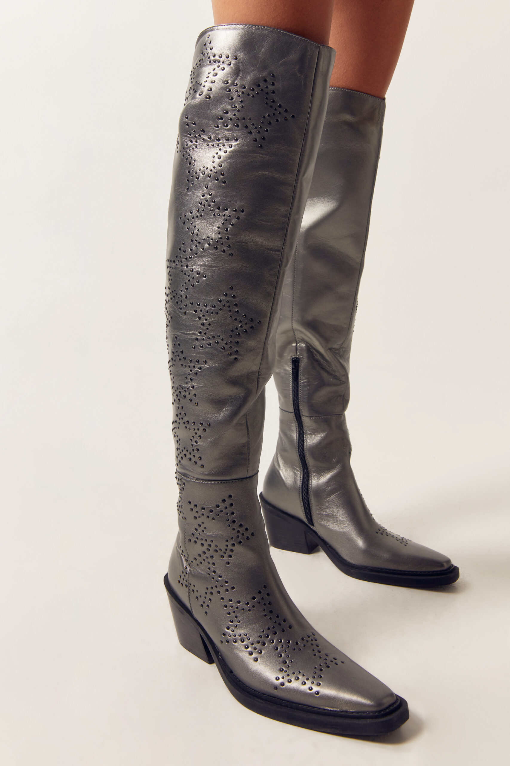 Real Leather Metallic Star Studded Over The Knee Cowboy Boots