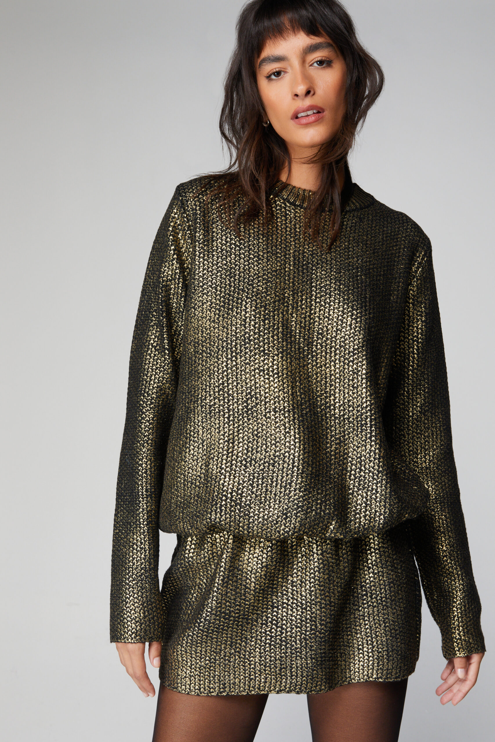 Metallic Oversized Cinched In Knitted Dress
