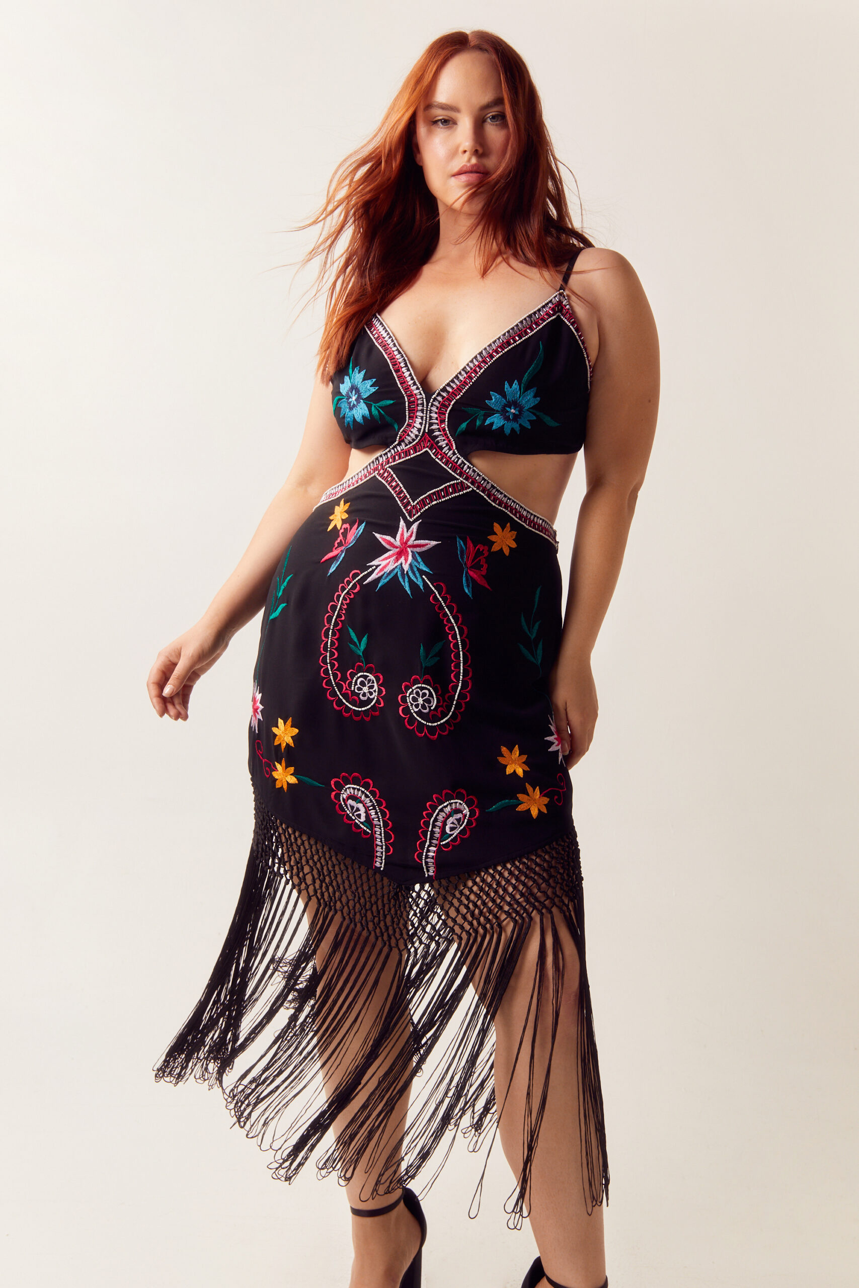 Plus Size Embroidered Fringe Cut Out Mini Dress