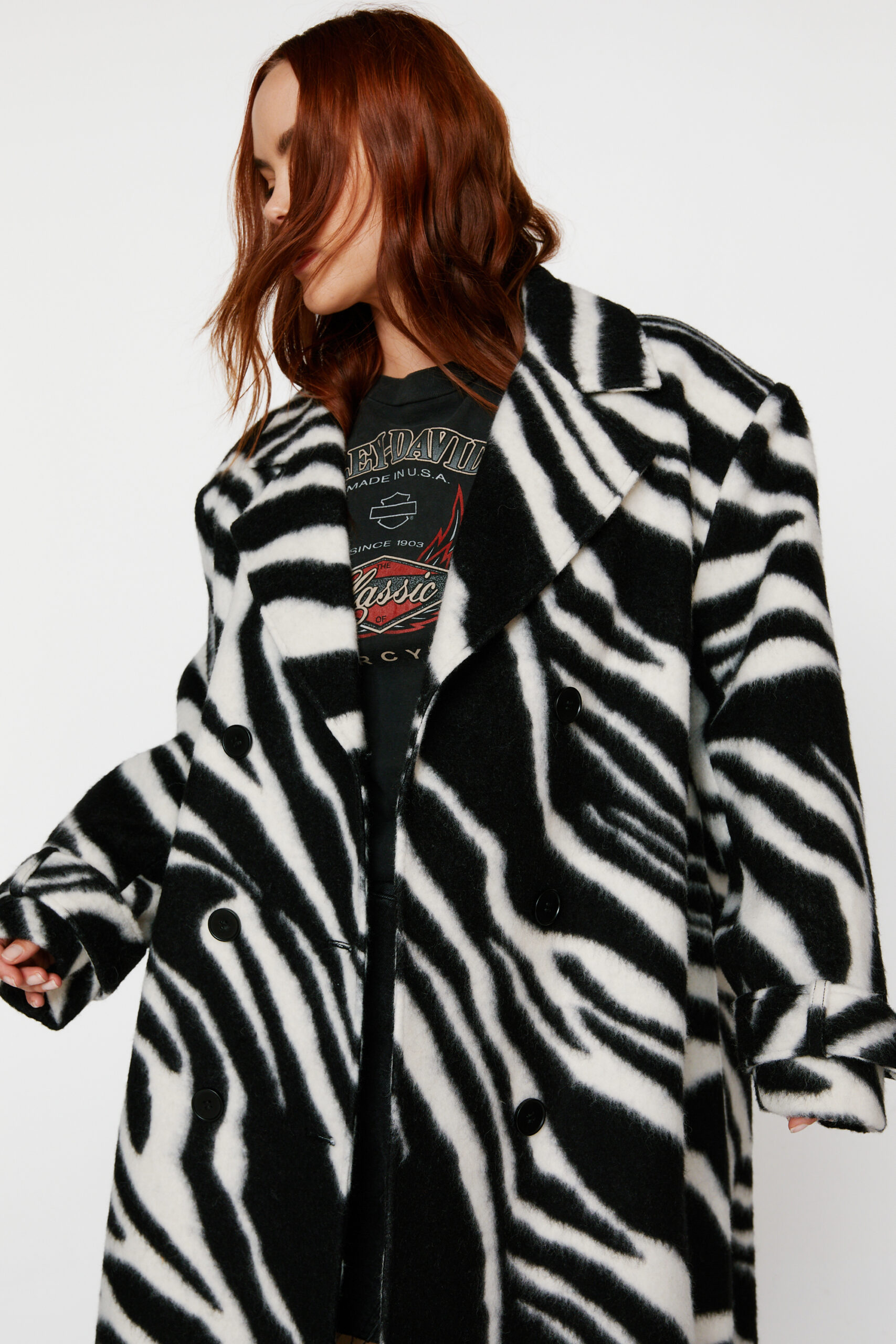 Plus Size Zebra Print Wool Blend Tailored Coat
