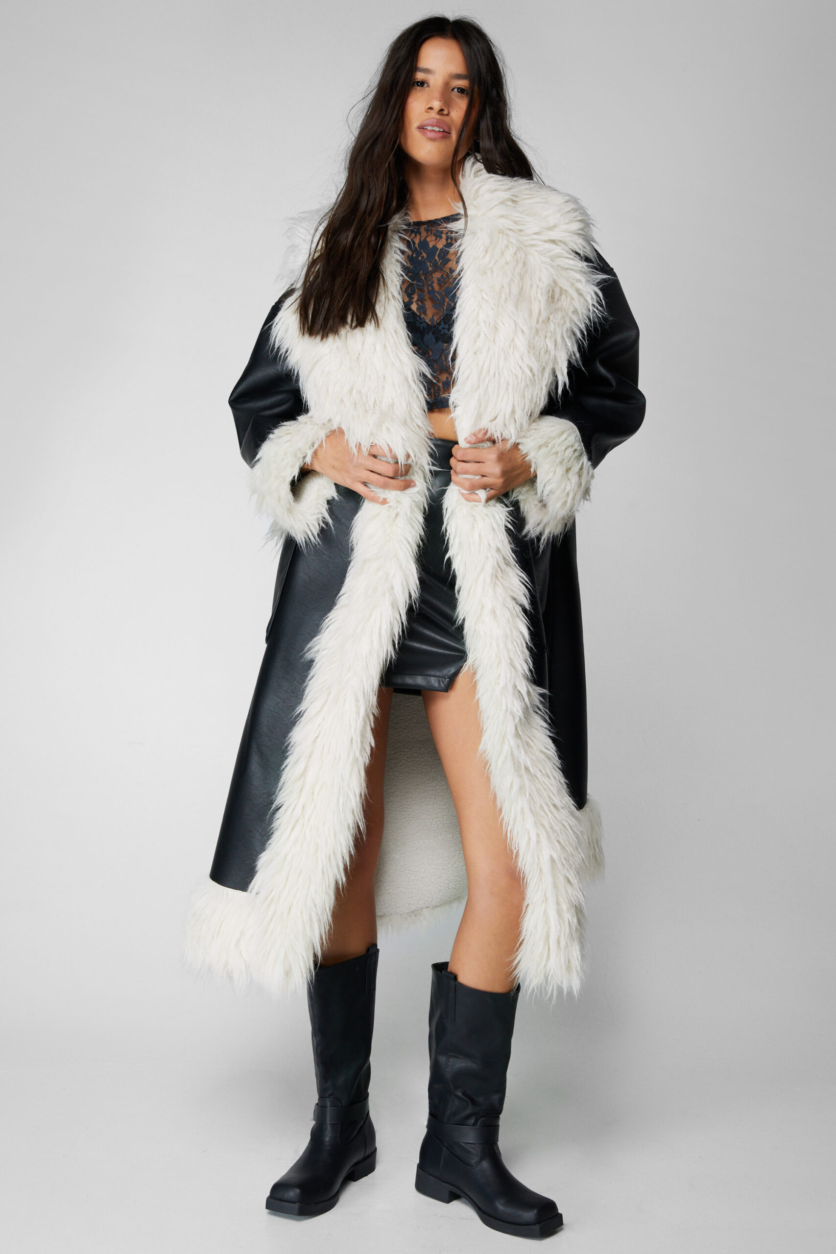 Faux Leather Fur Trim Longline Coat