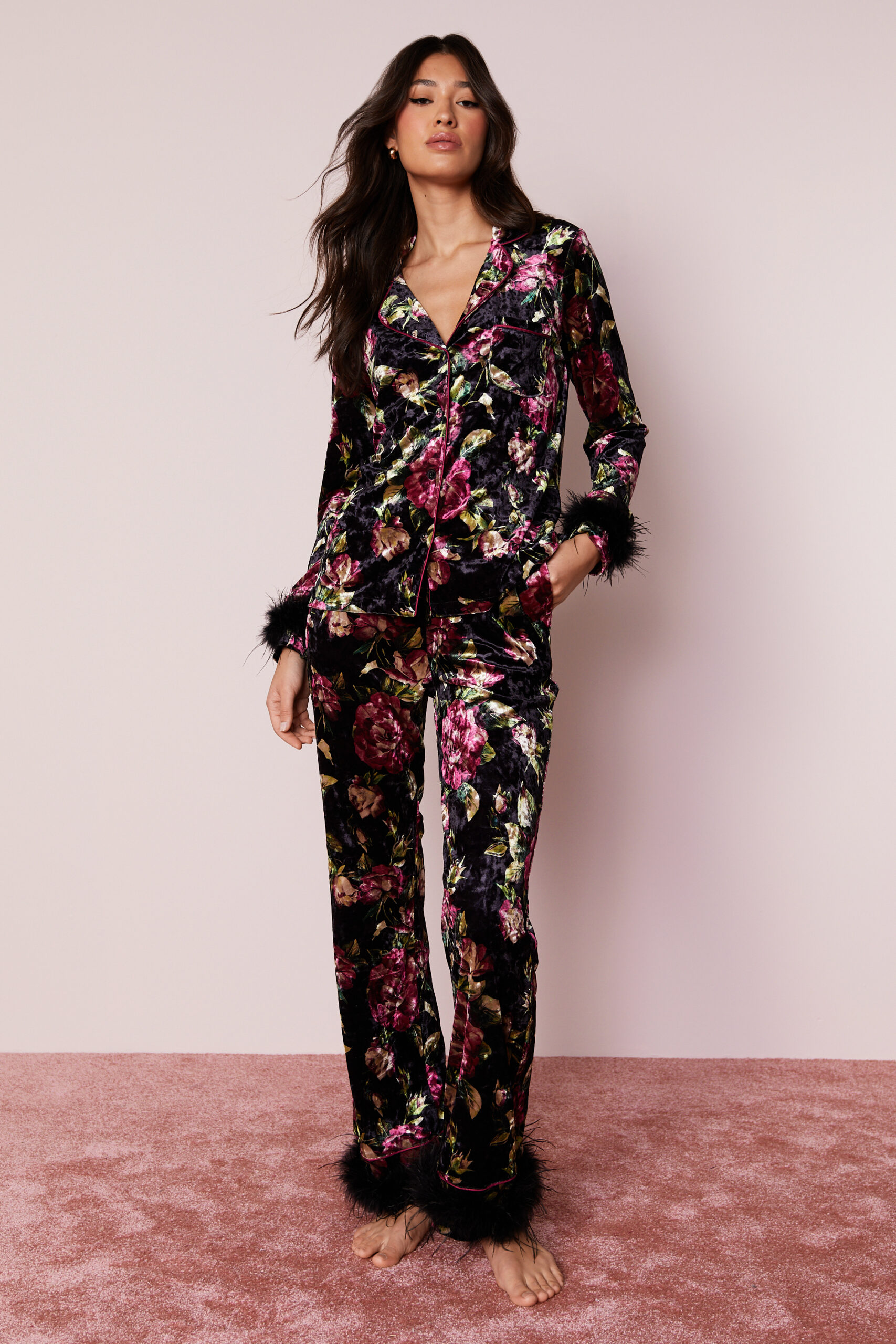 Premium Floral Velvet Feather Trim Pajama Pants Set