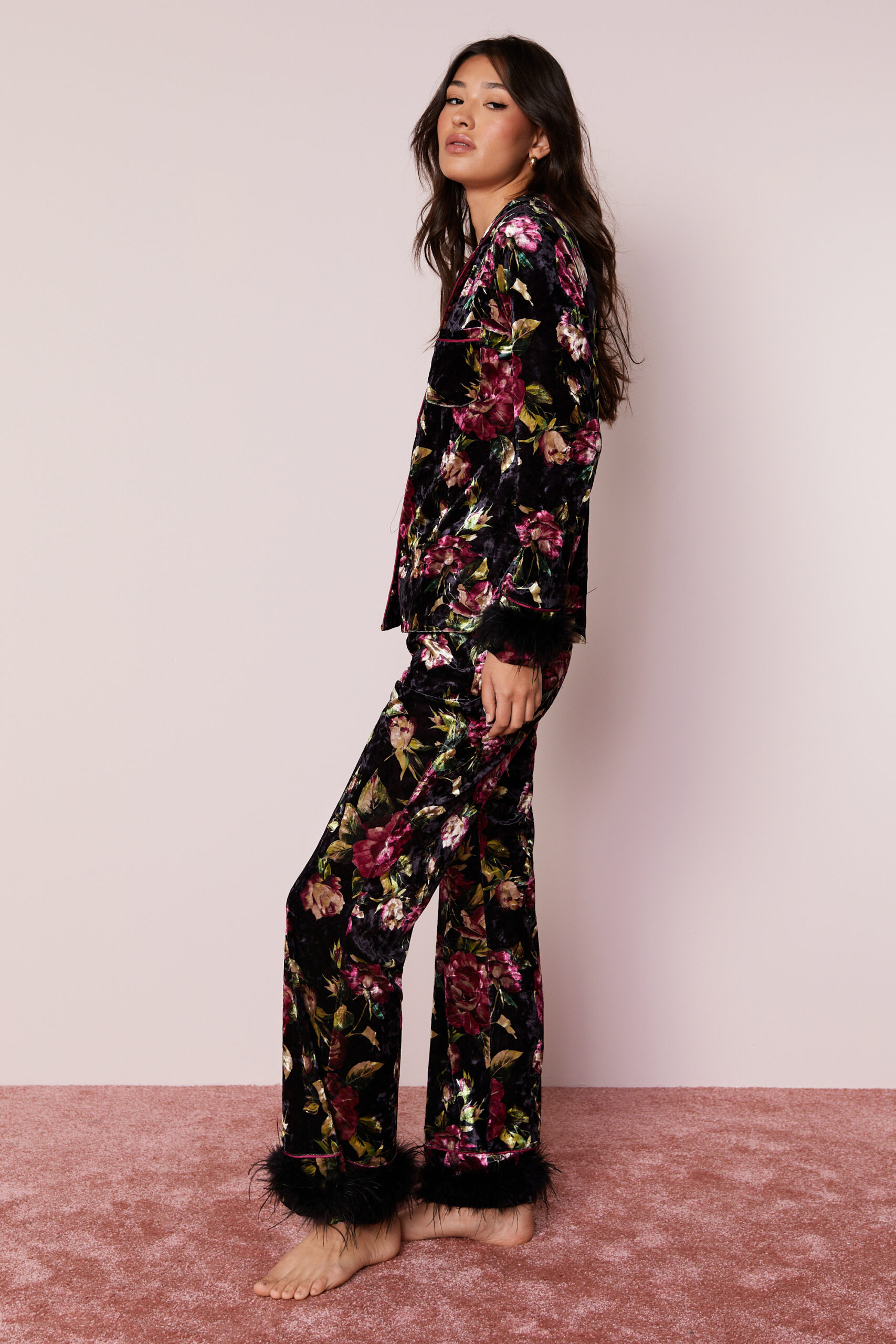 Premium Floral Velvet Feather Trim Pajama Pants Set