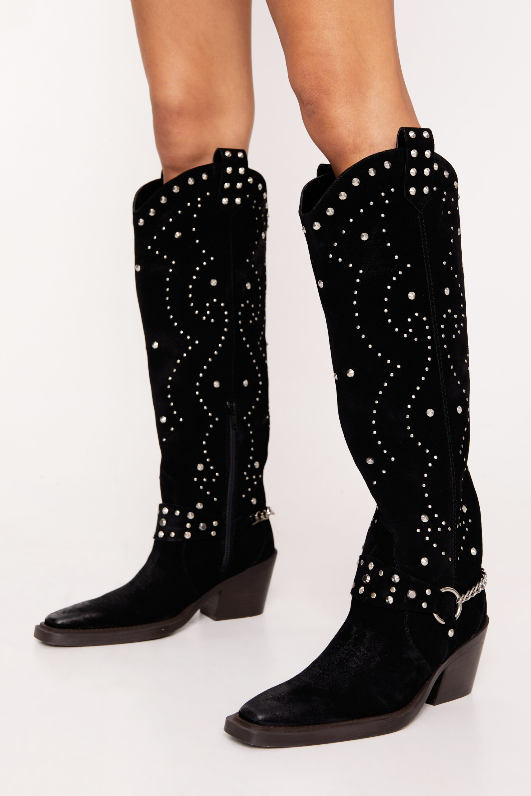 Suede Studded Harness Knee High Cowboy Boots