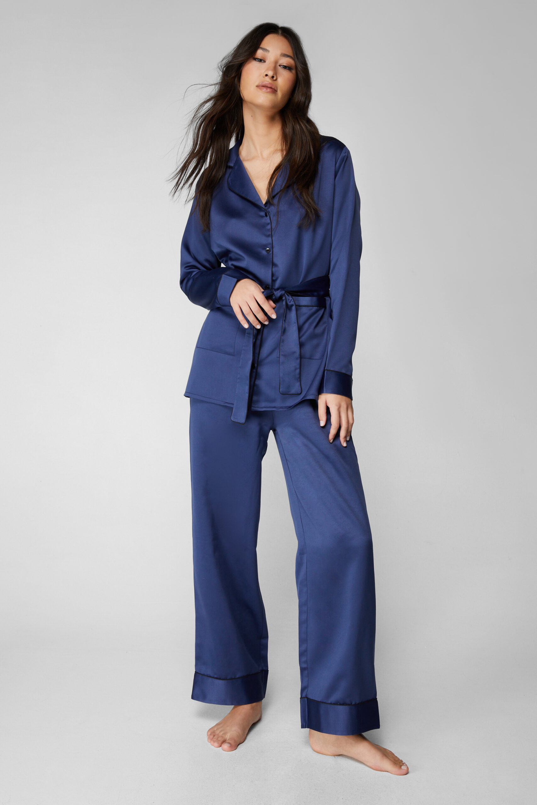 Satin Contrast Piping Belted Pajama Pants Set