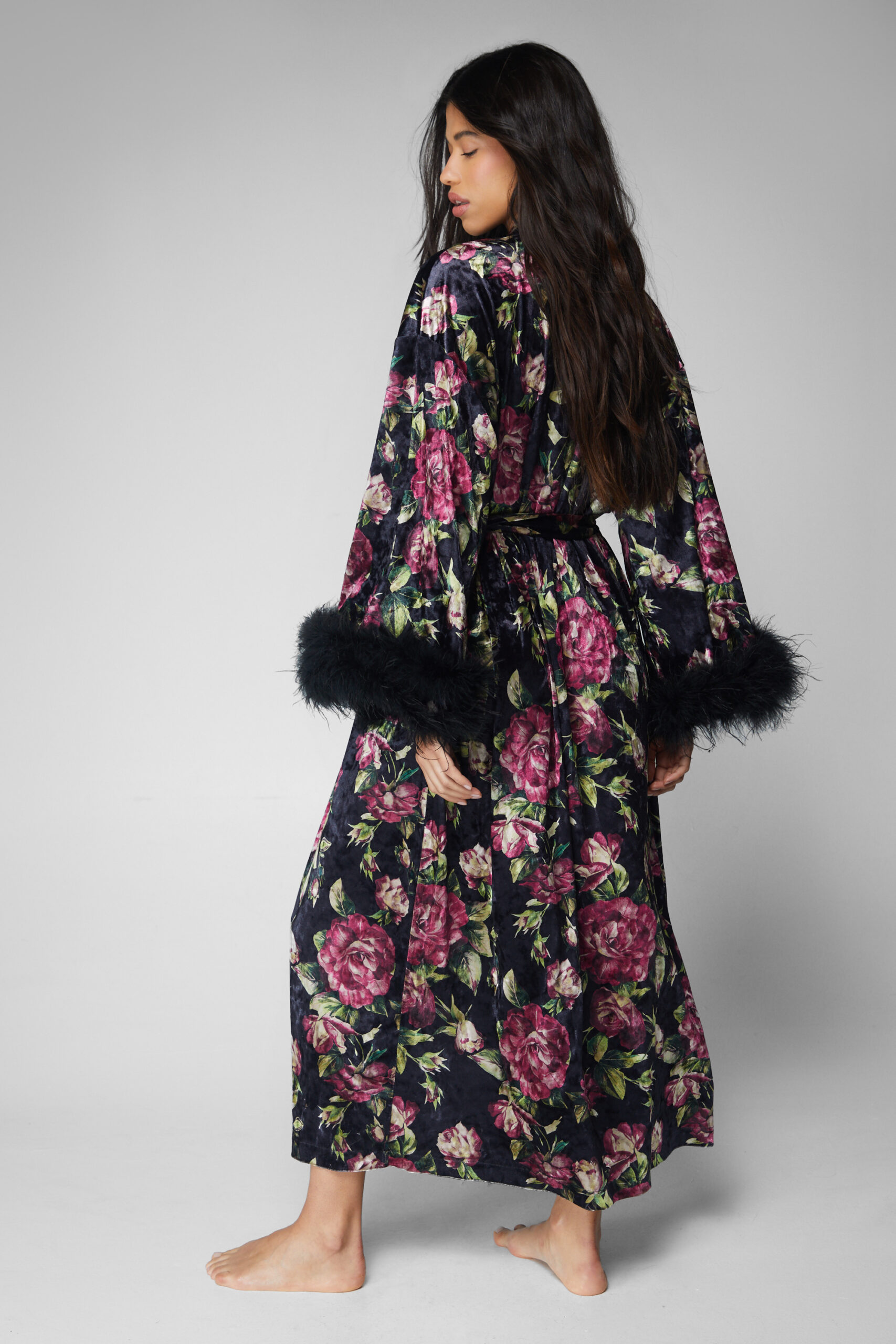 Premium Floral Velvet Feather Trim Maxi Robe