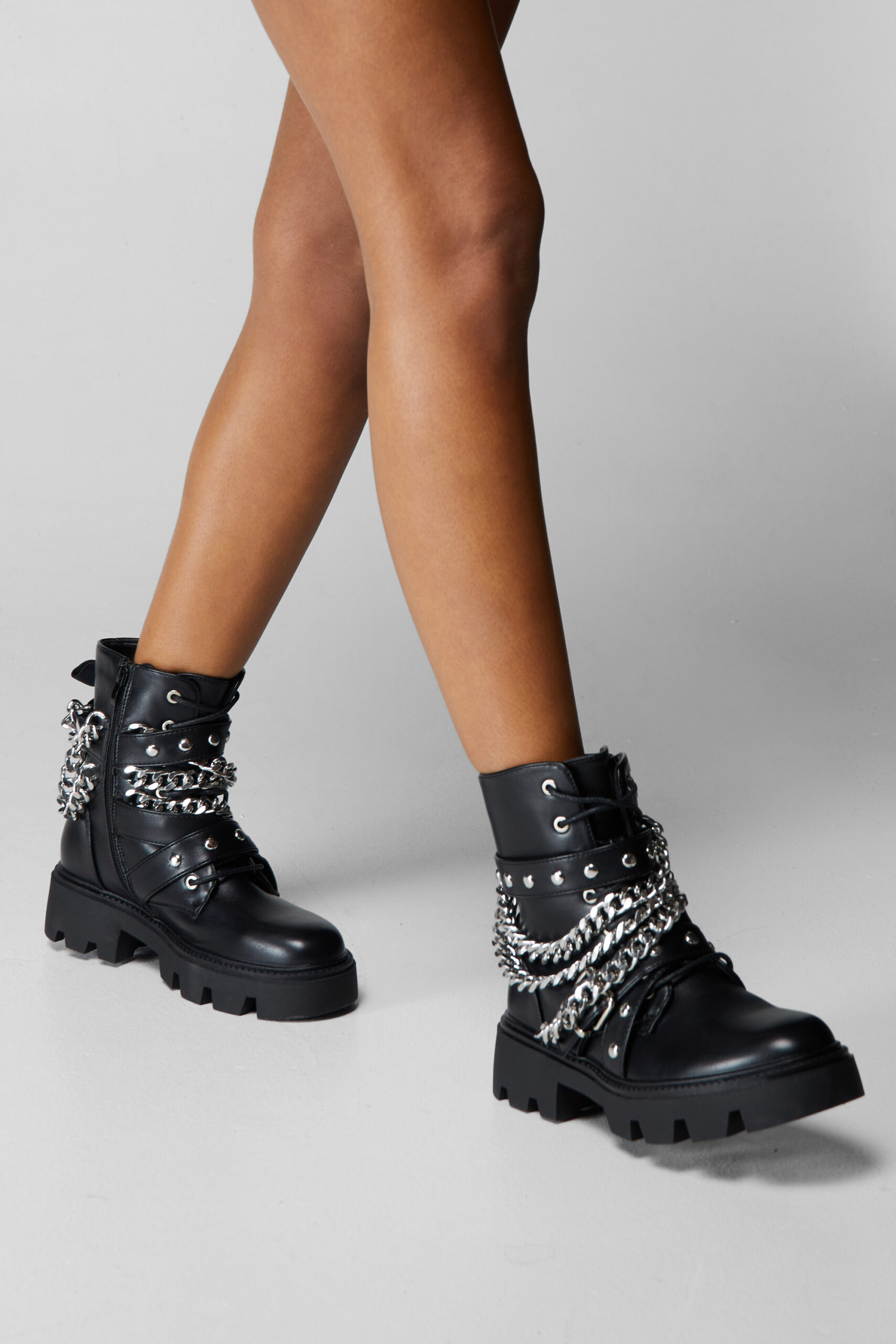 Faux Leather Chain Detail Biker Boot