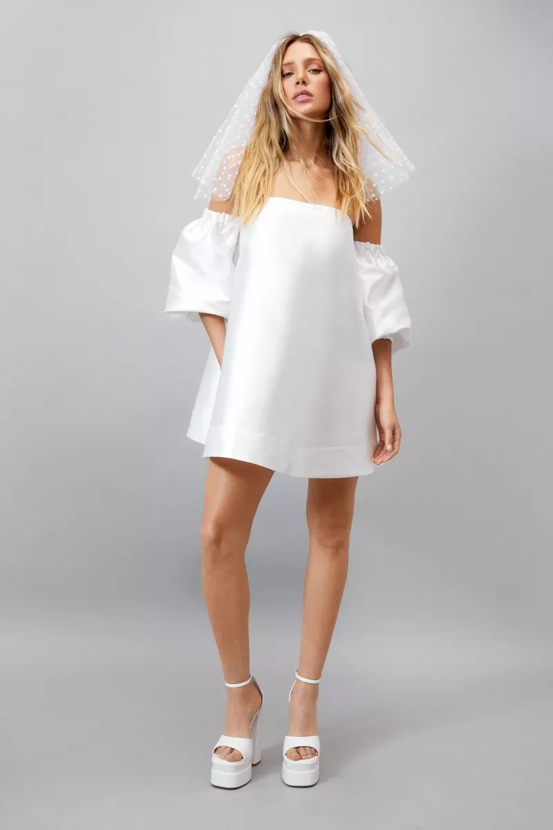 Structured Off The Shoulder Puff Sleeve Mini Dress