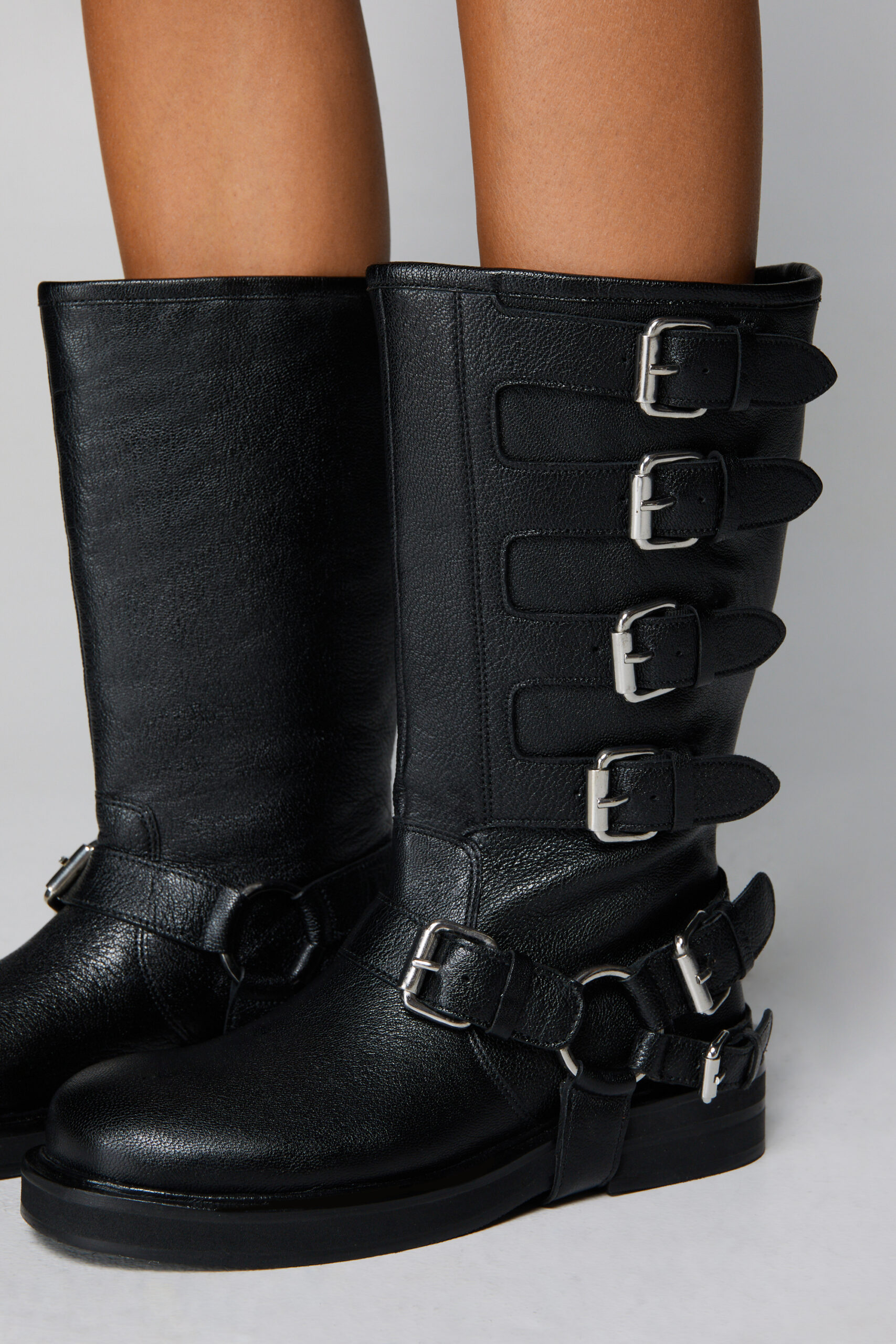 Real Leather Multi Buckle Biker Boots