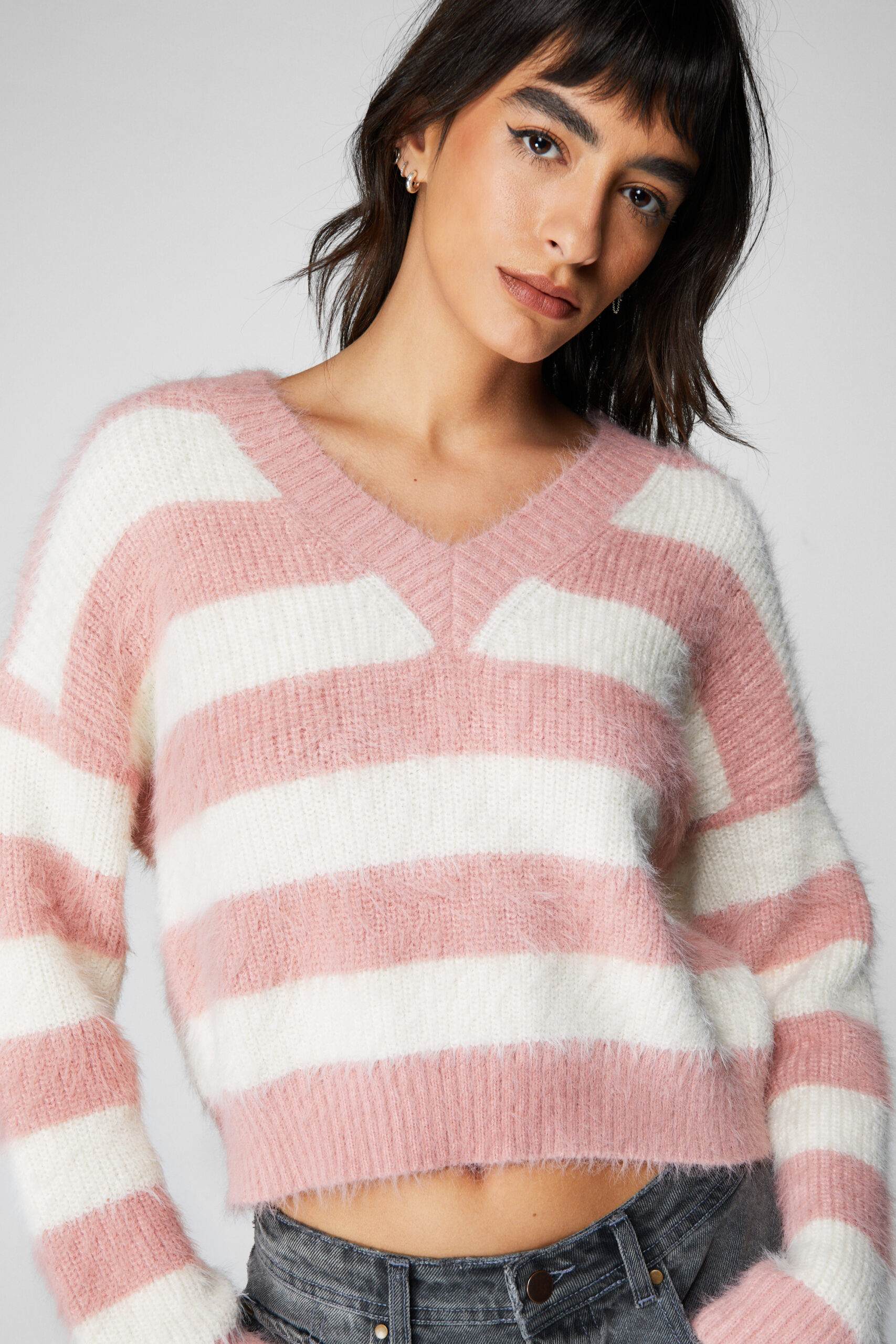 Fluffy Stripe V Neck Knit Sweater