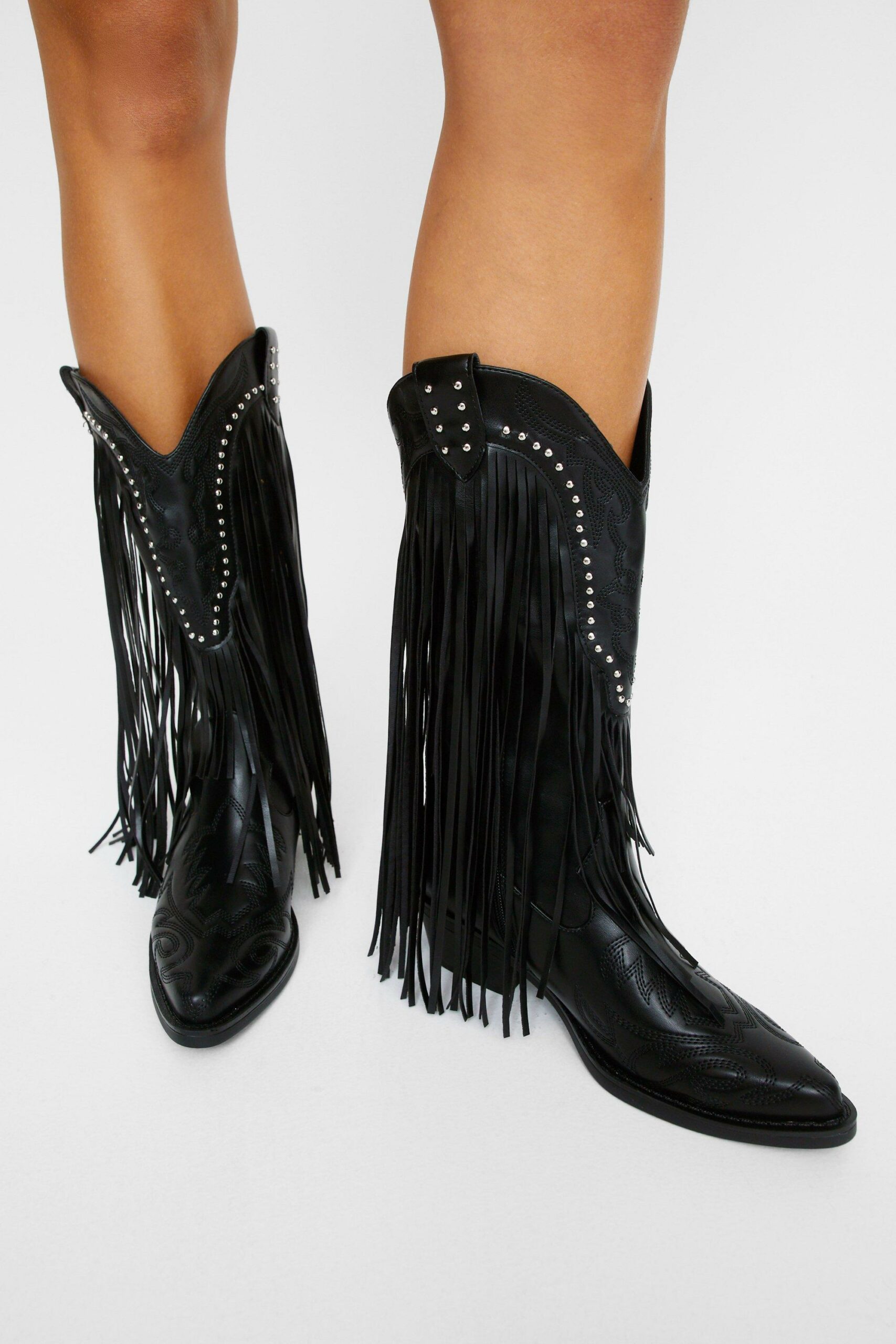 Faux Leather Tassel Studded Western Boots