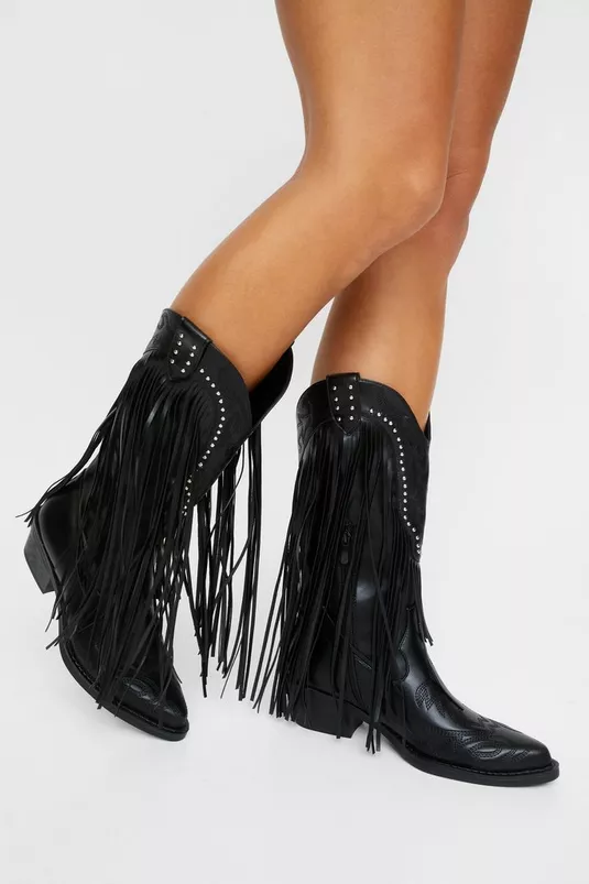 Faux Leather Tassel Studded Western Boots